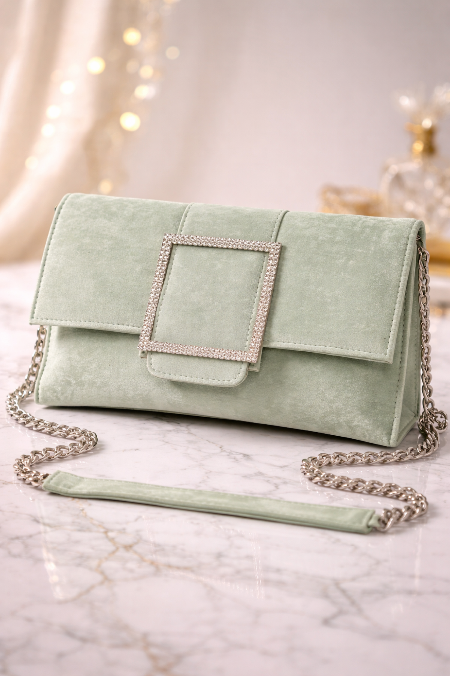 Luxury Mint Green Velvet Party Clutch with Crystal Square Buckle