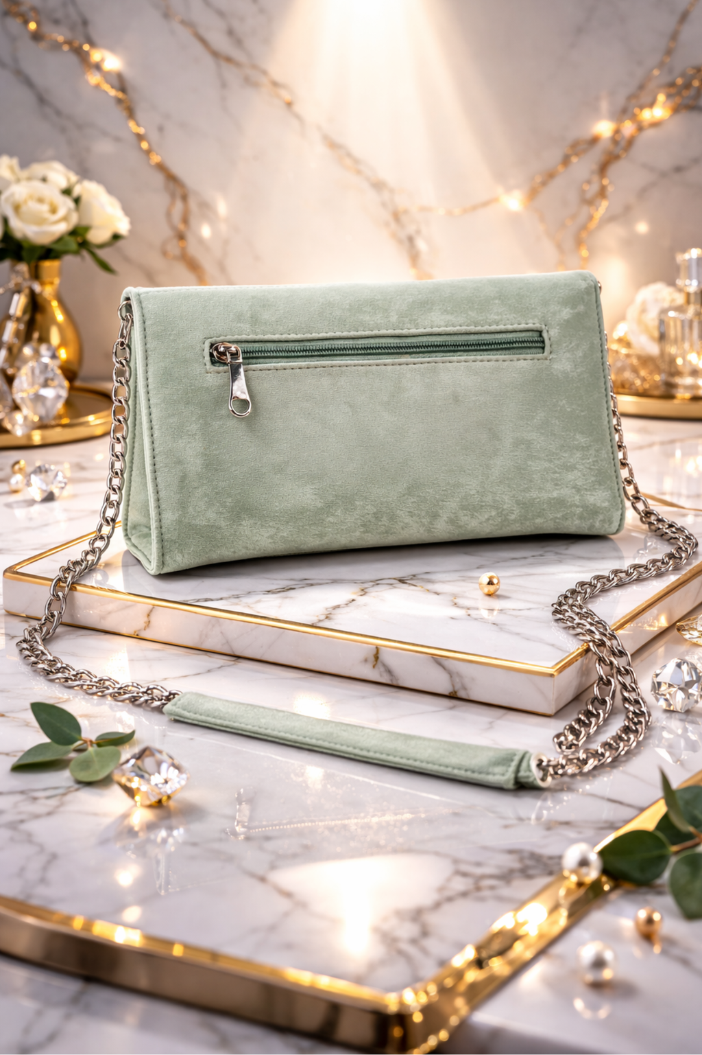 Luxury Mint Green Velvet Party Clutch with Crystal Square Buckle
