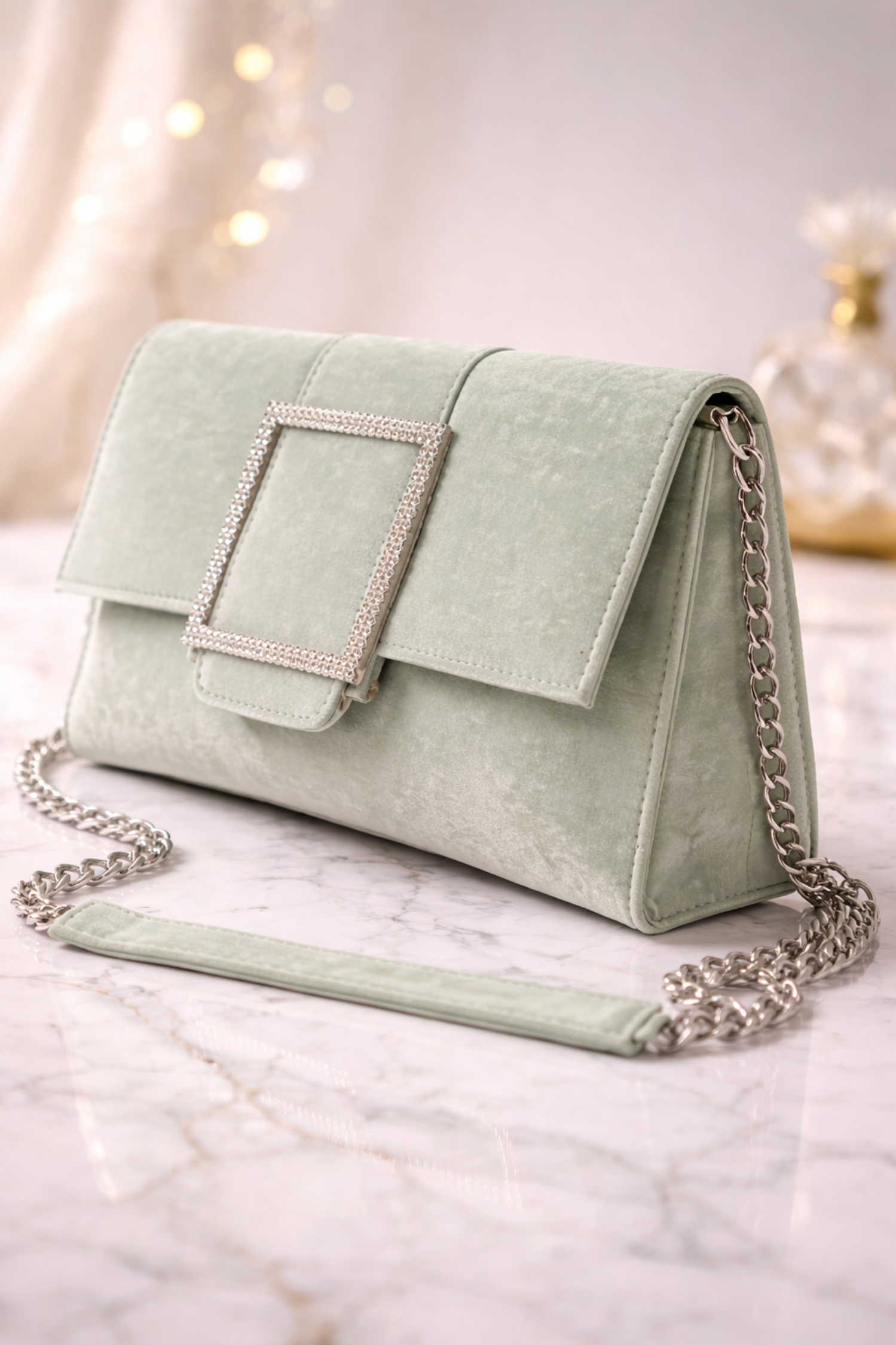 Luxury Mint Green Velvet Party Clutch with Crystal Square Buckle