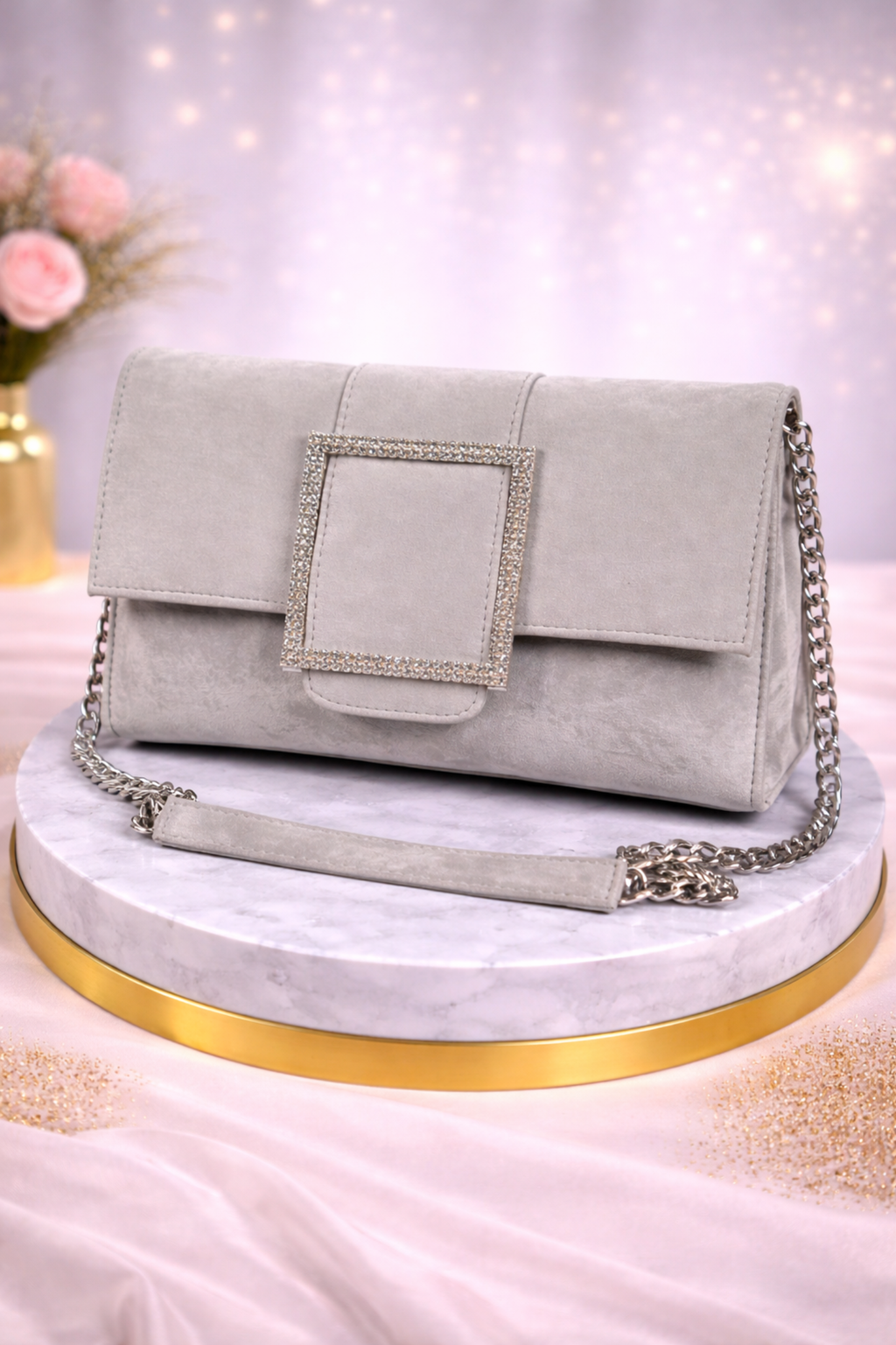 Luxury Grey Velvet Party Clutch with Crystal Square Buckle