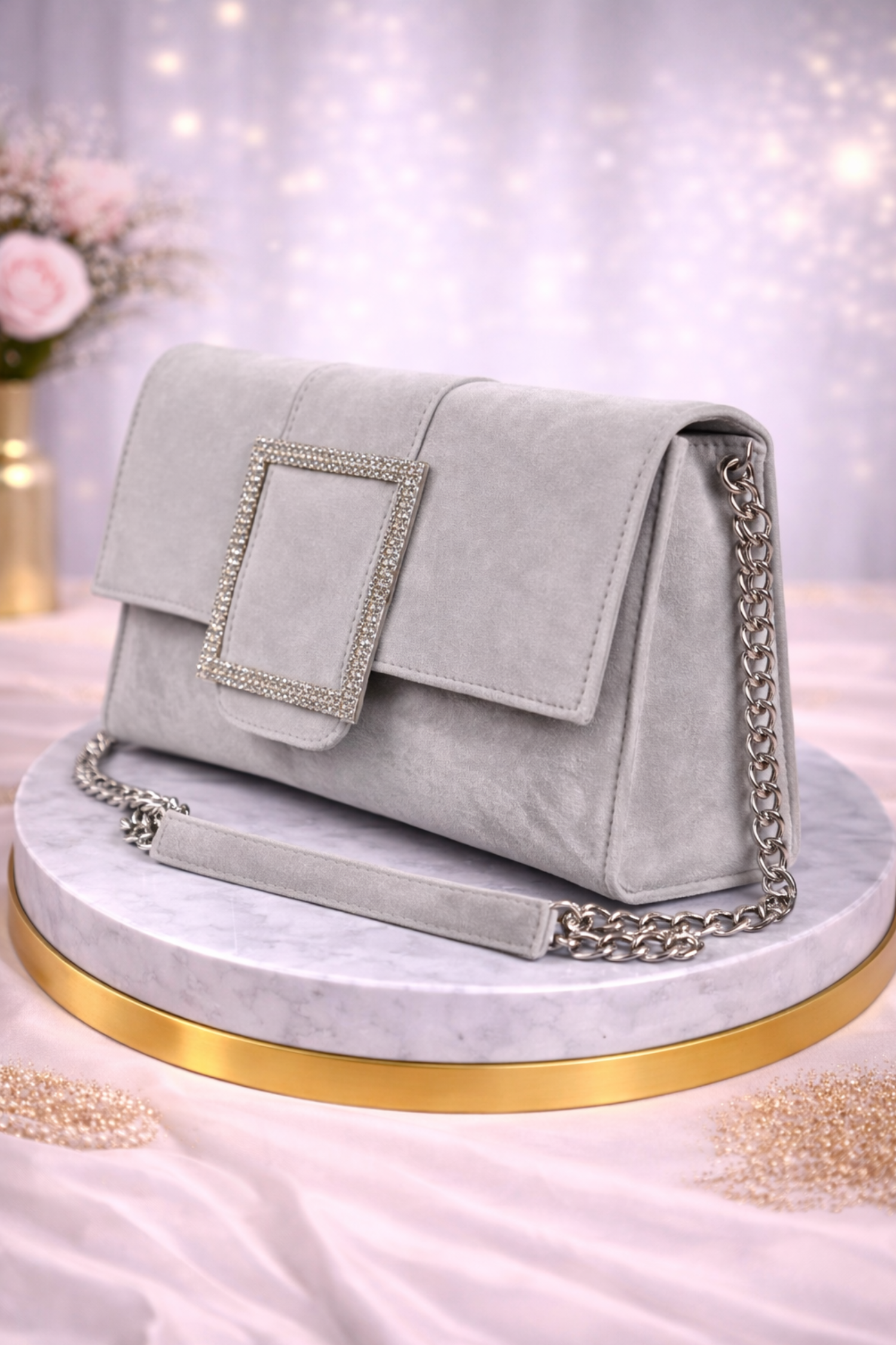 Luxury Grey Velvet Party Clutch with Crystal Square Buckle