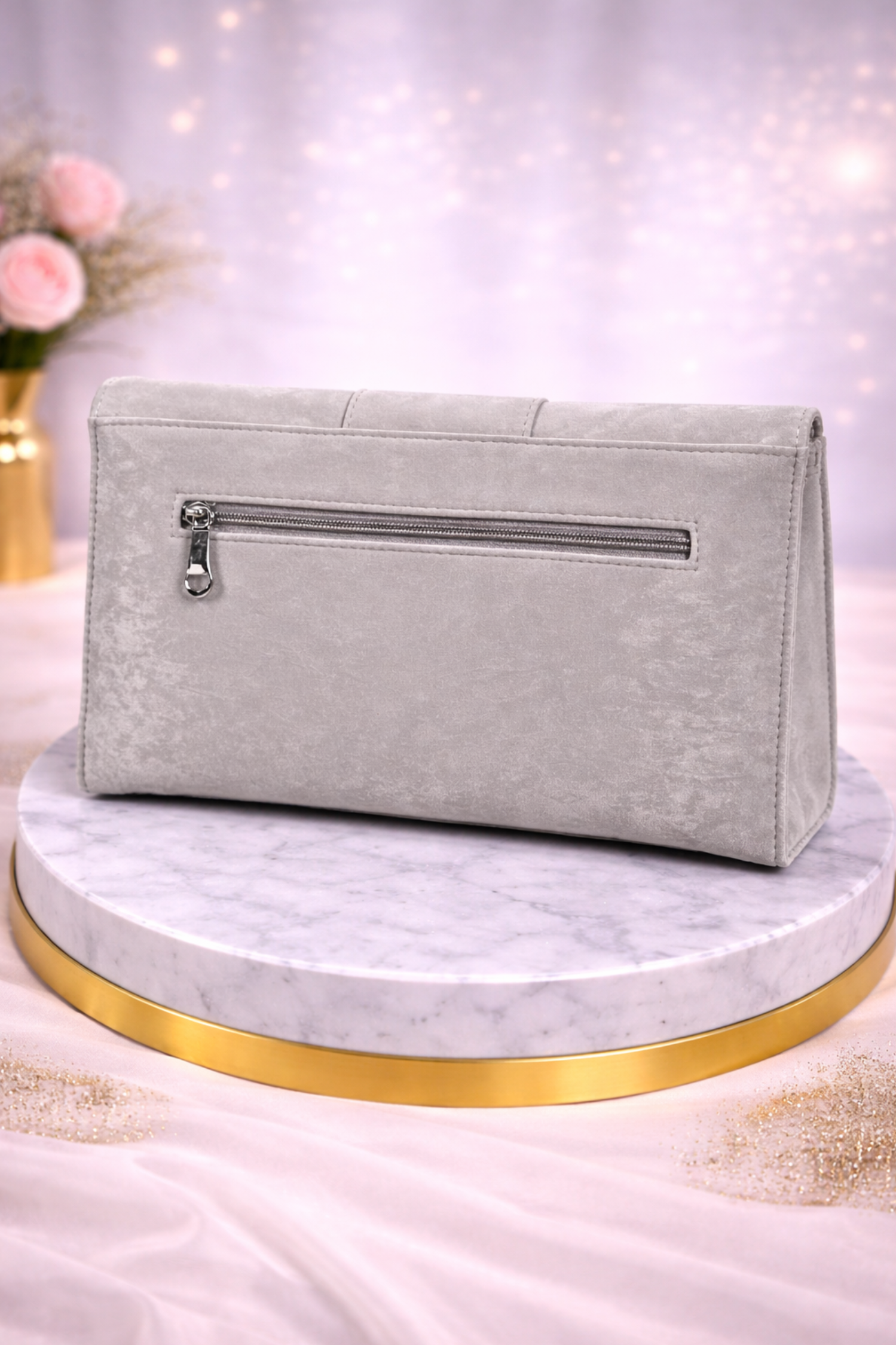 Luxury Grey Velvet Party Clutch with Crystal Square Buckle