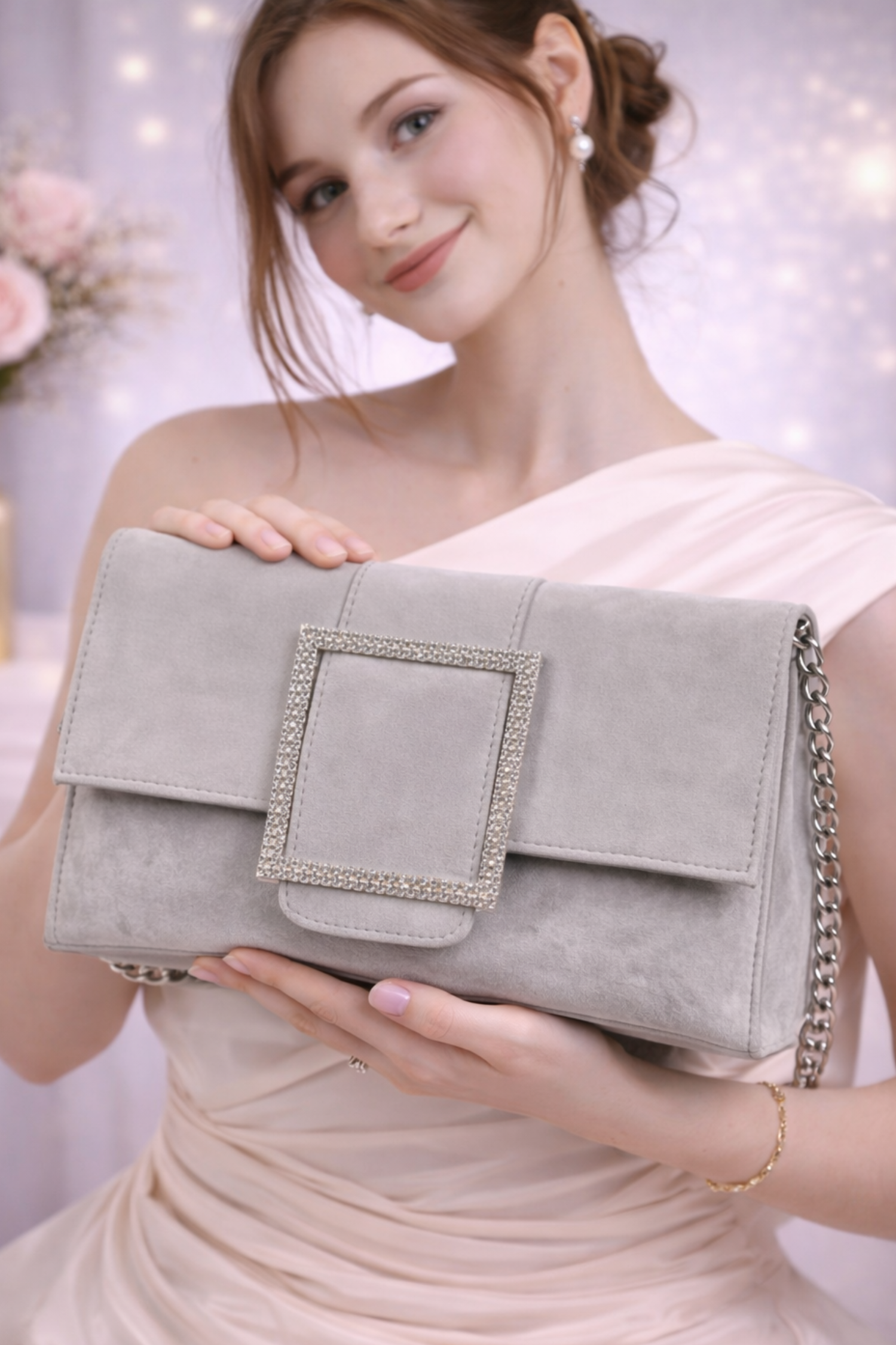 Luxury Grey Velvet Party Clutch with Crystal Square Buckle