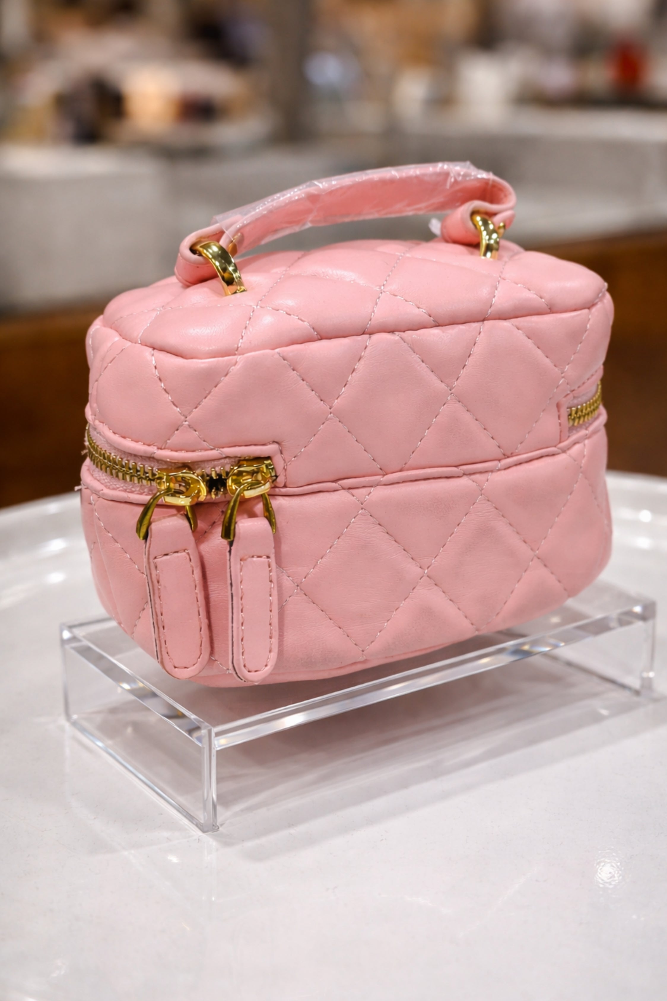 Women Blush Pink Diamond Quilted Cosmetic Travel Case