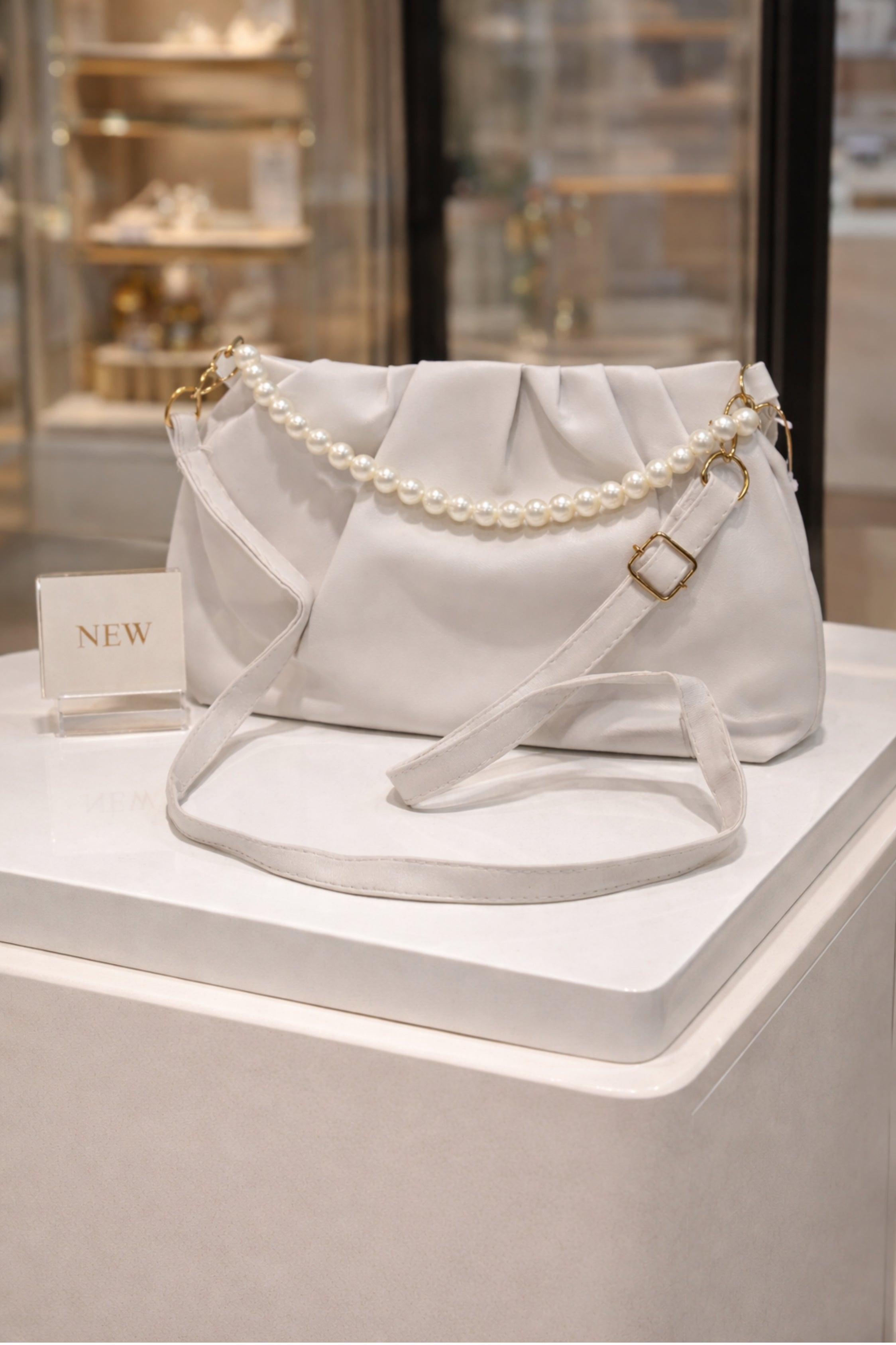 Women Cream Ruched Party Shoulder Bag with Gold Hardware