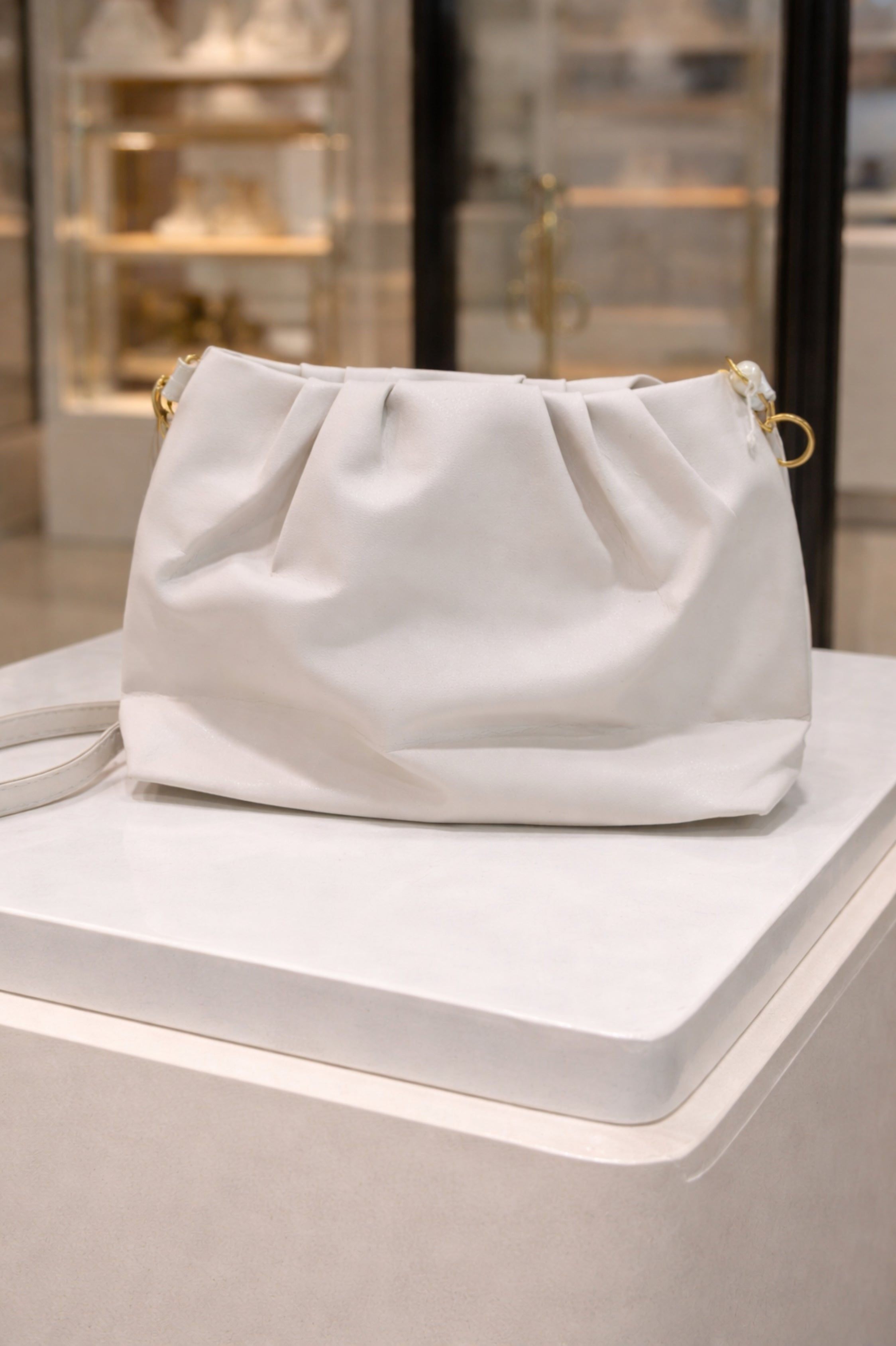 Women Cream Ruched Party Shoulder Bag with Gold Hardware