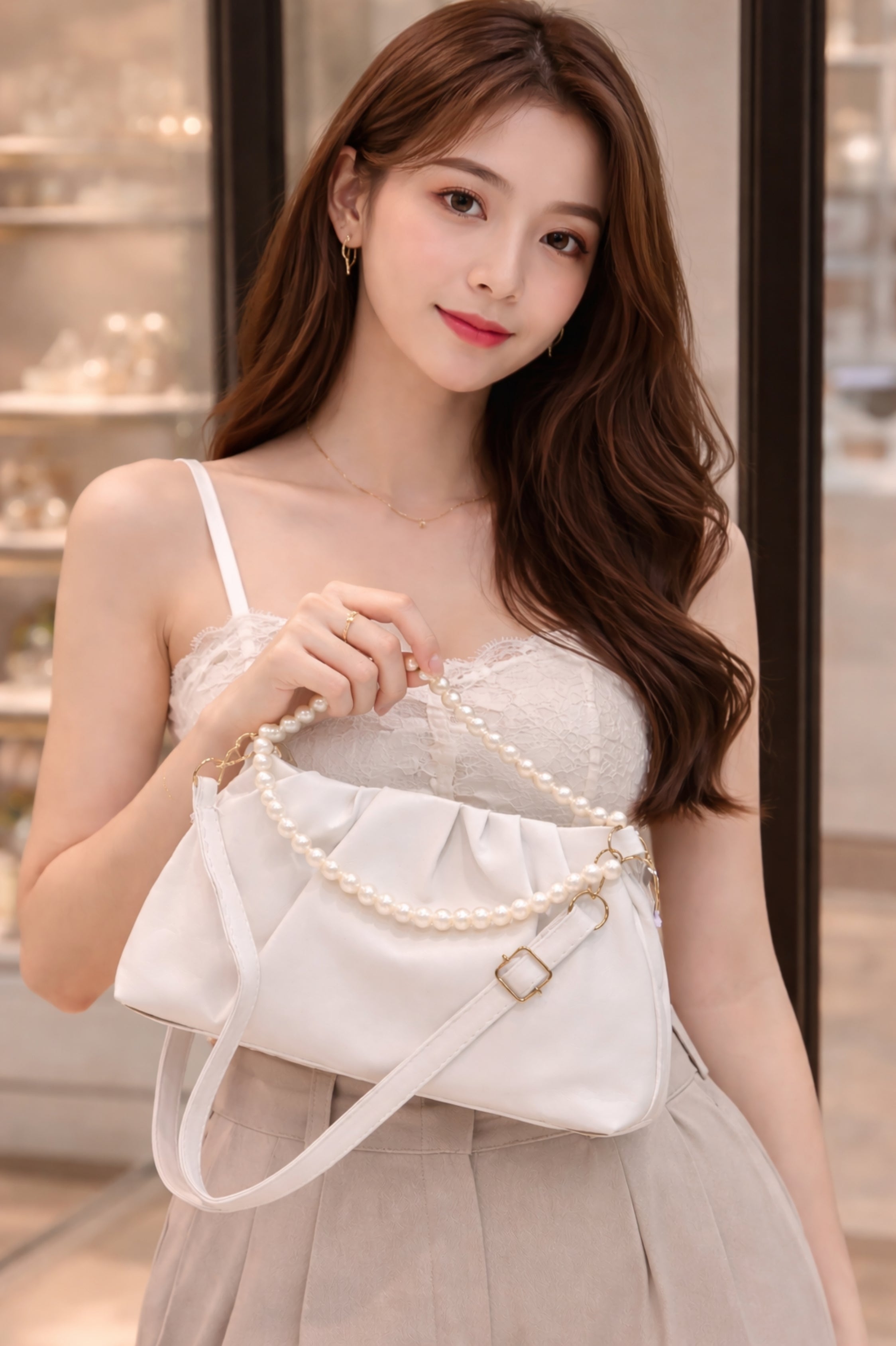 Women Cream Ruched Party Shoulder Bag with Gold Hardware