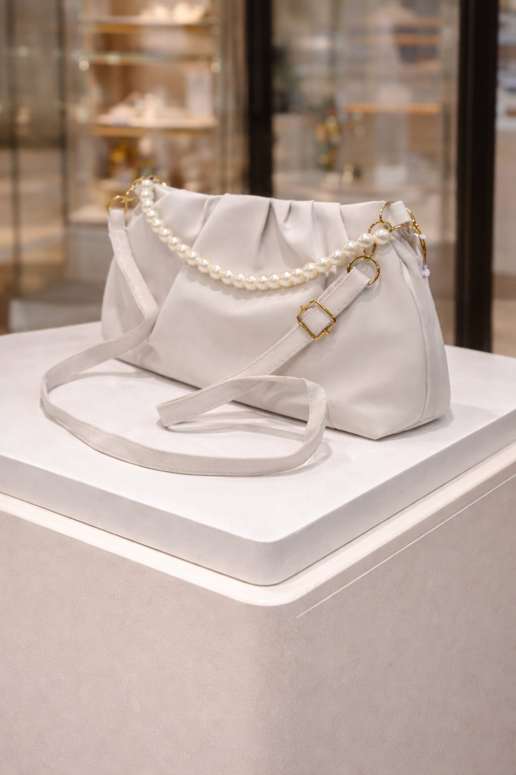 Women Cream Ruched Party Shoulder Bag with Gold Hardware