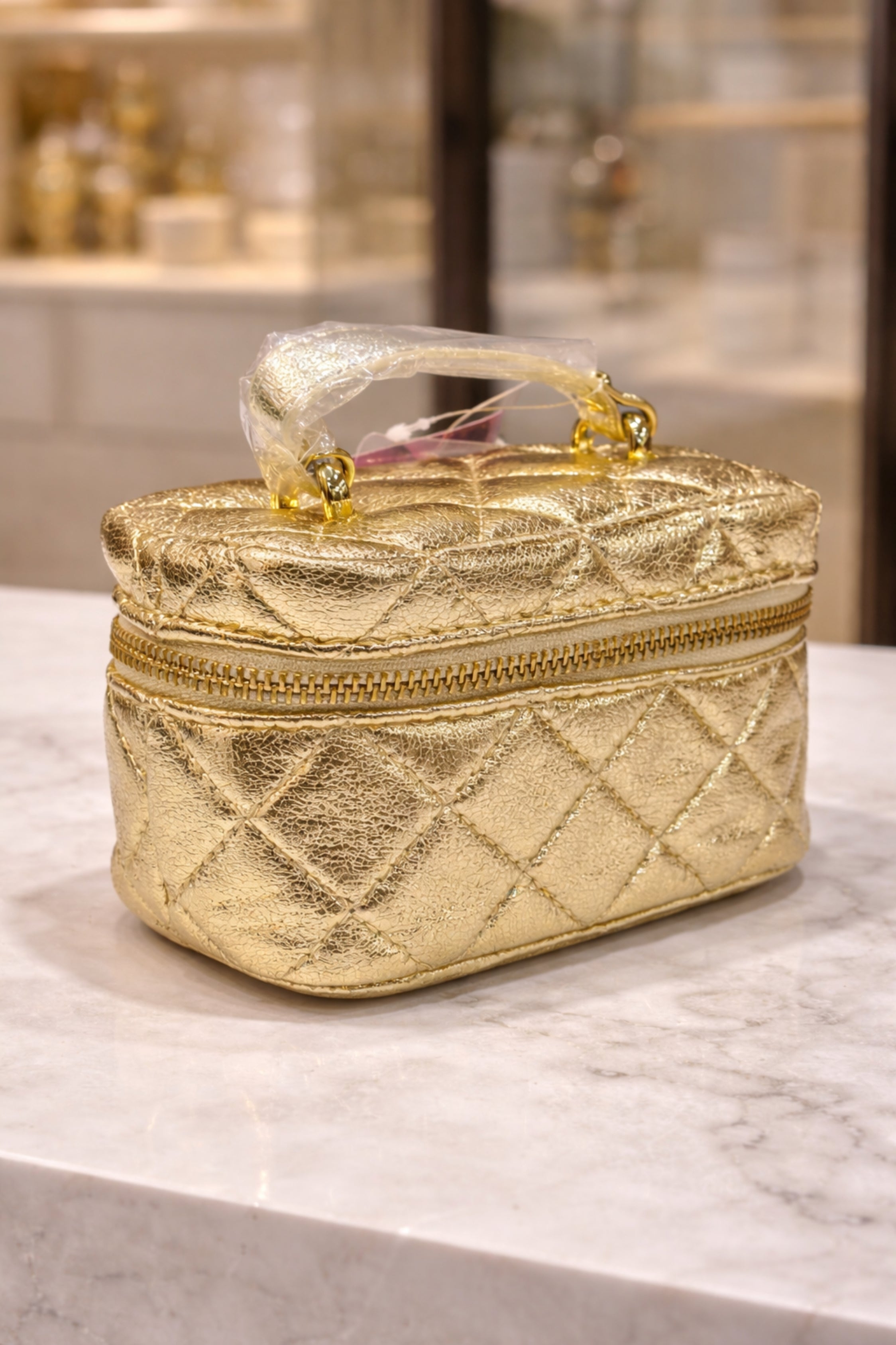 Women Gold Quilted Vanity Case with Top Handle & Zip Closure