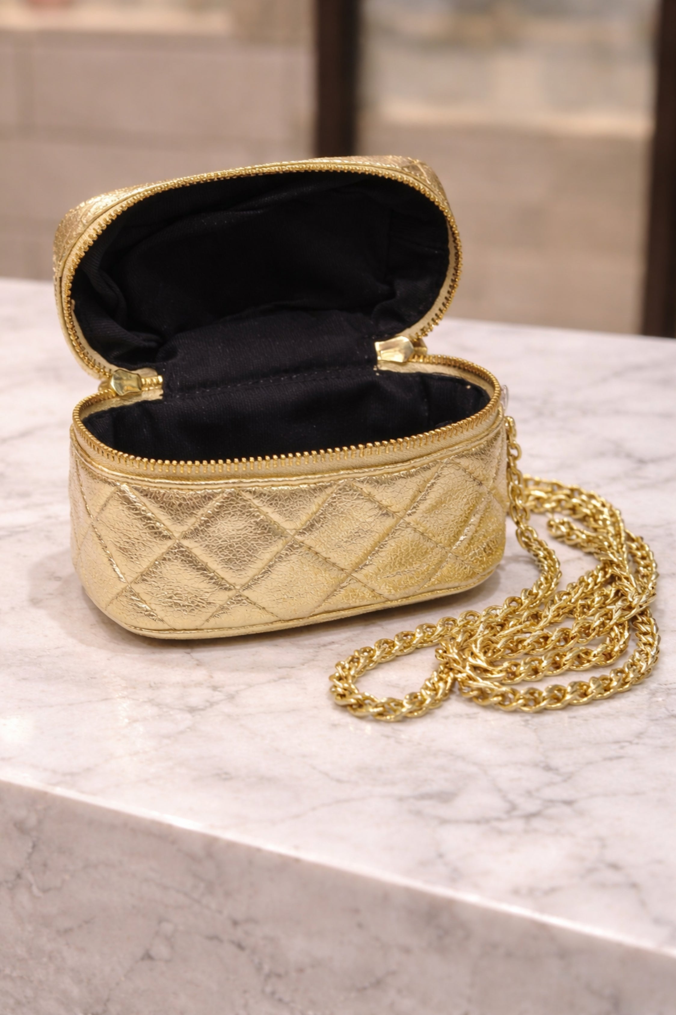 Women Gold Quilted Vanity Case with Top Handle & Zip Closure
