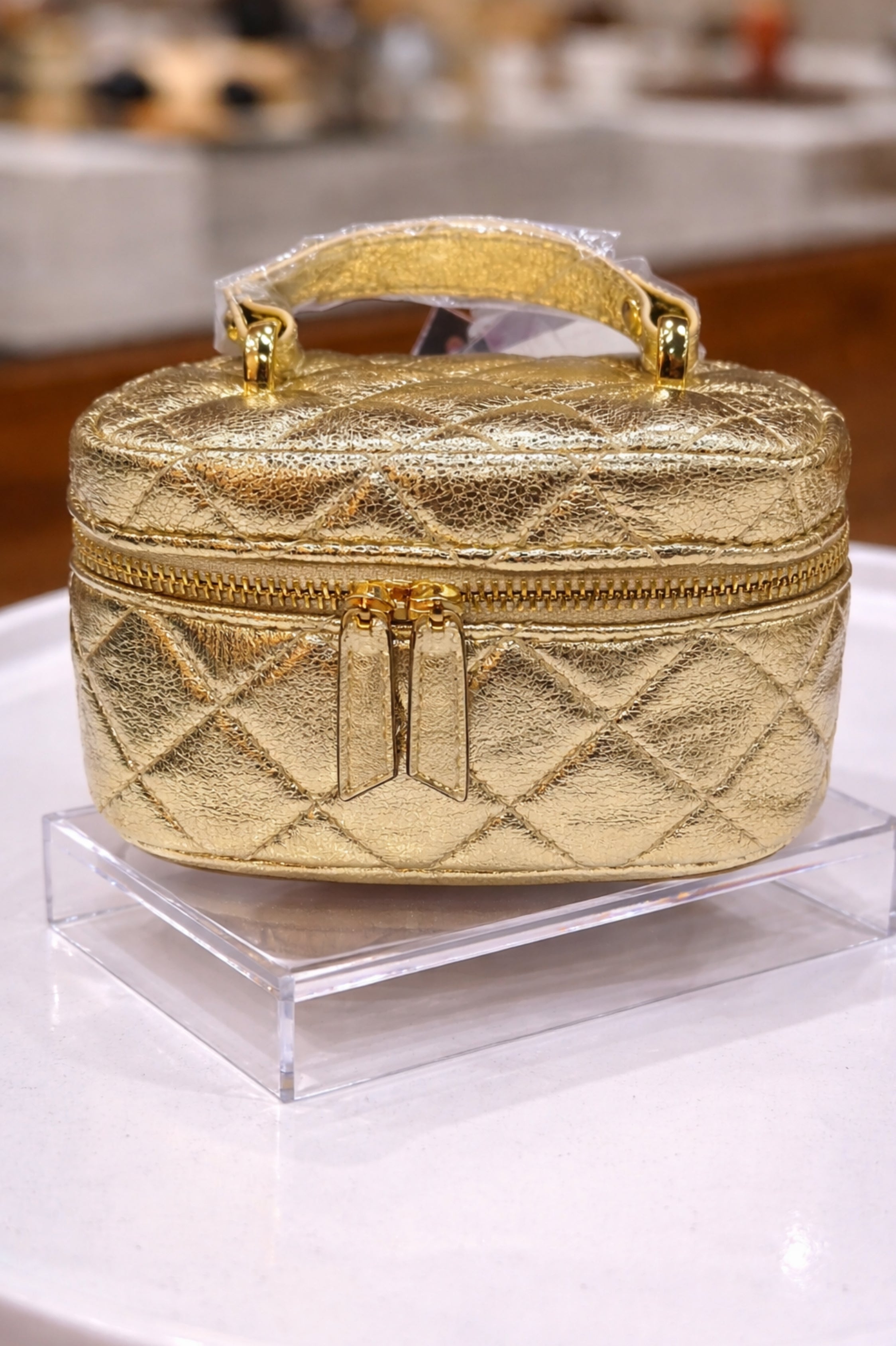 Women Gold Quilted Vanity Case with Top Handle & Zip Closure