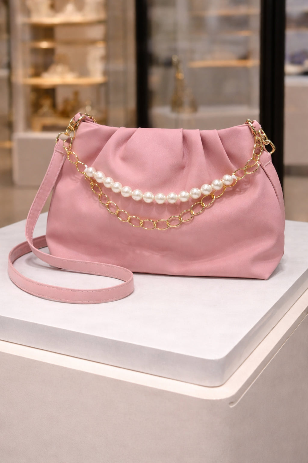 Women Rose Pink Ruched Baguette Bag with Pearl Accent