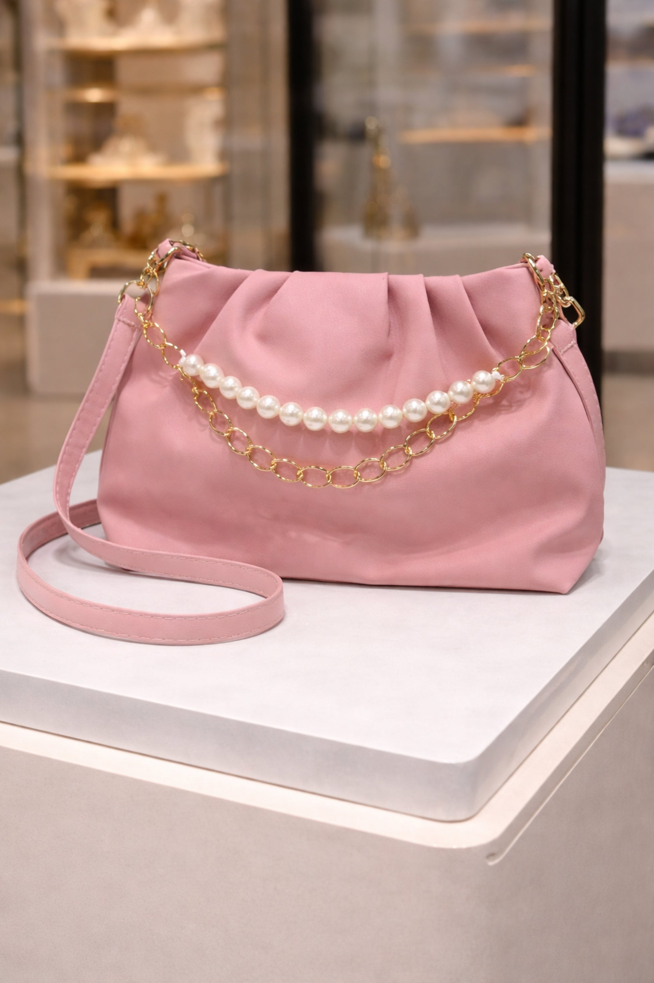 Women Rose Pink Ruched Baguette Bag with Pearl Accent