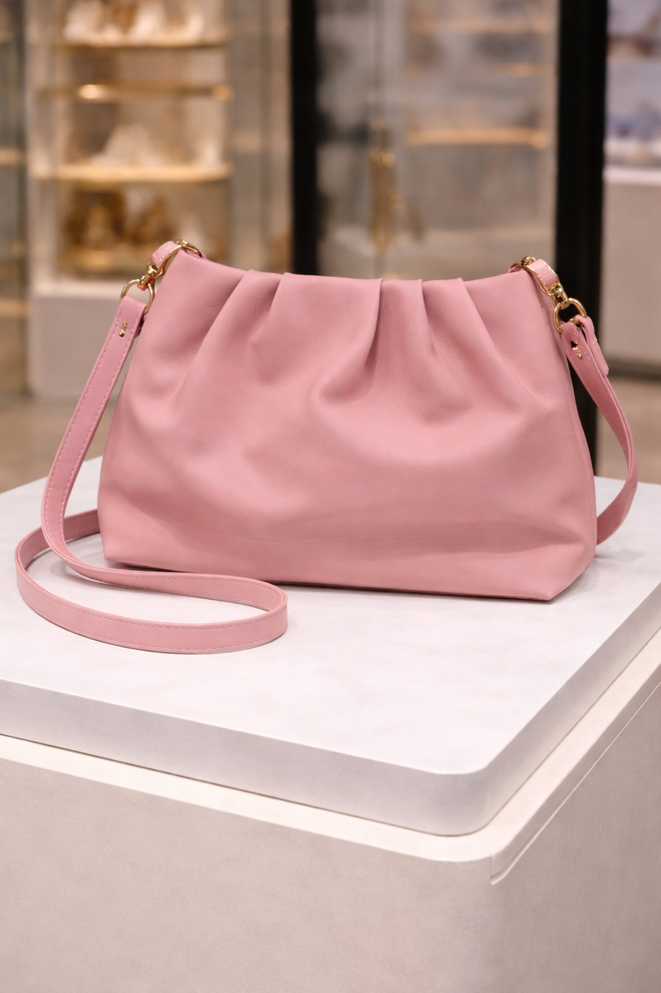 Women Rose Pink Ruched Baguette Bag with Pearl Accent