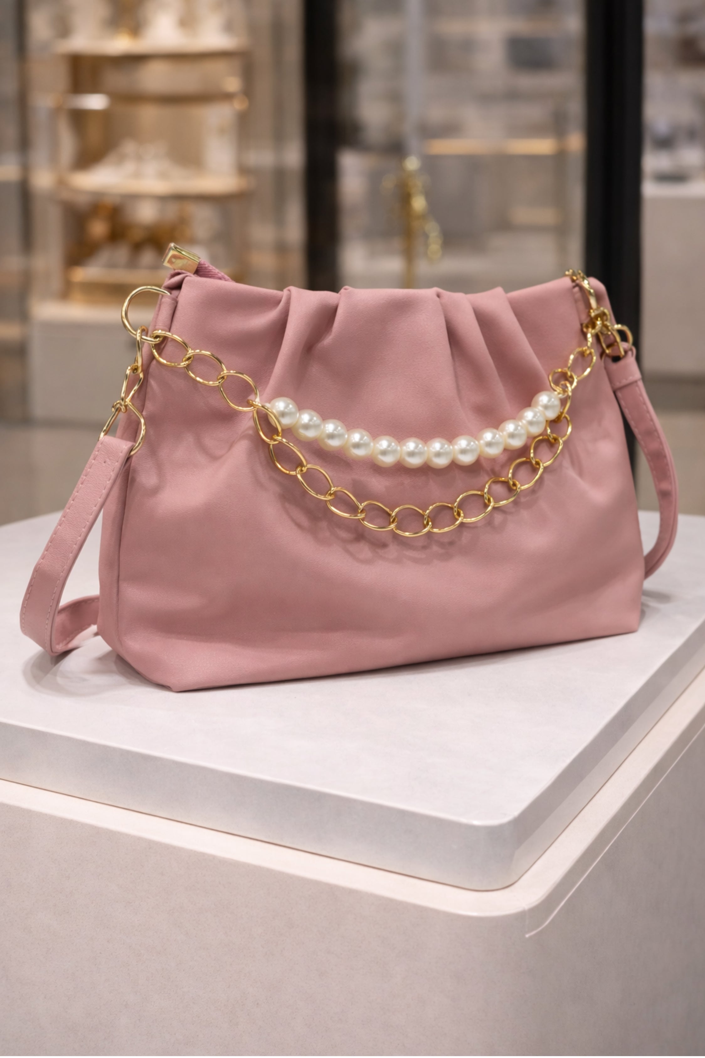 Women Rose Pink Ruched Baguette Bag with Pearl Accent