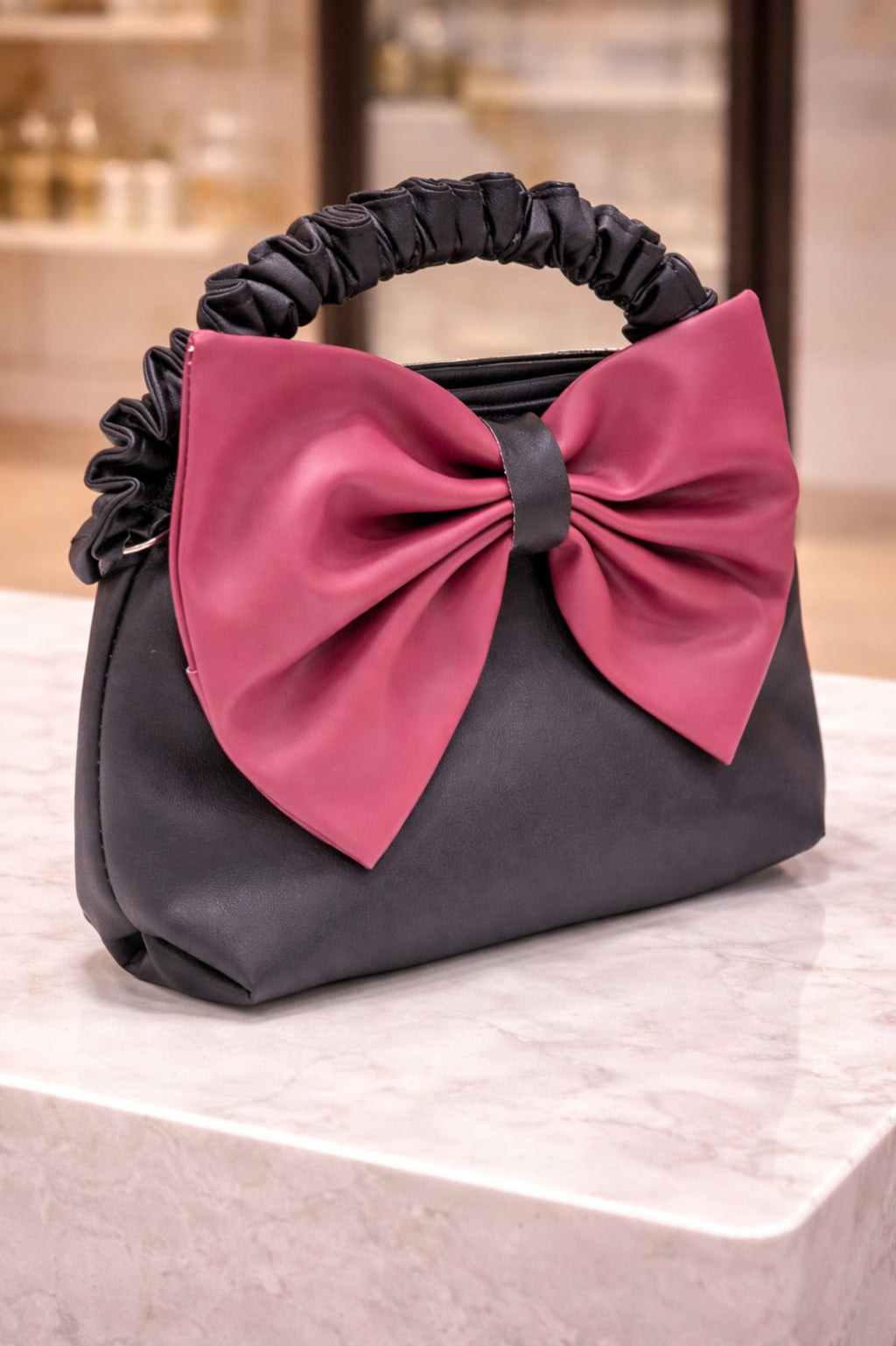 Women Black Faux Leather Statement Bow Shoulder Bag