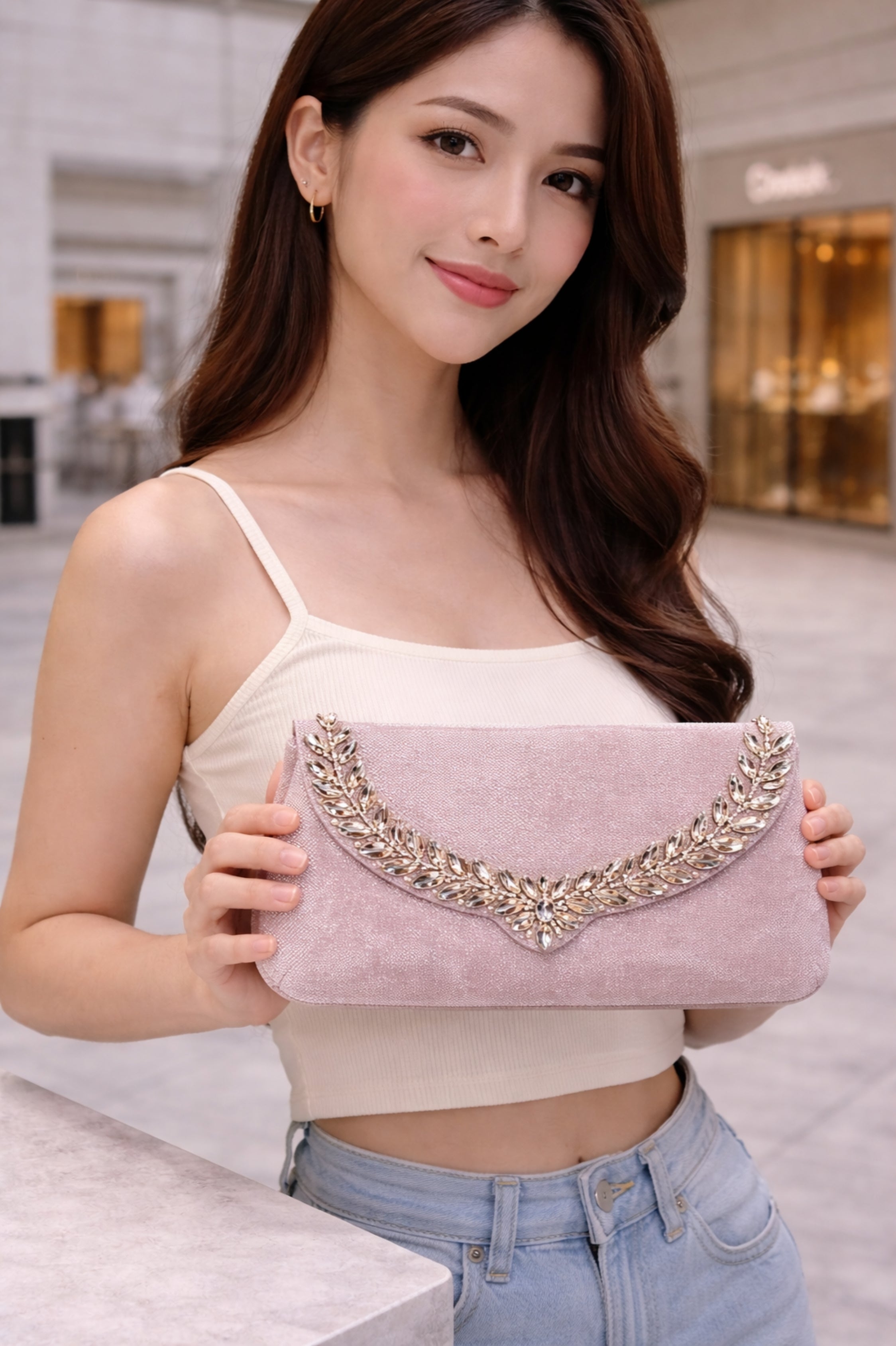 Women Blush Pink Embellished Evening Clutch Bag