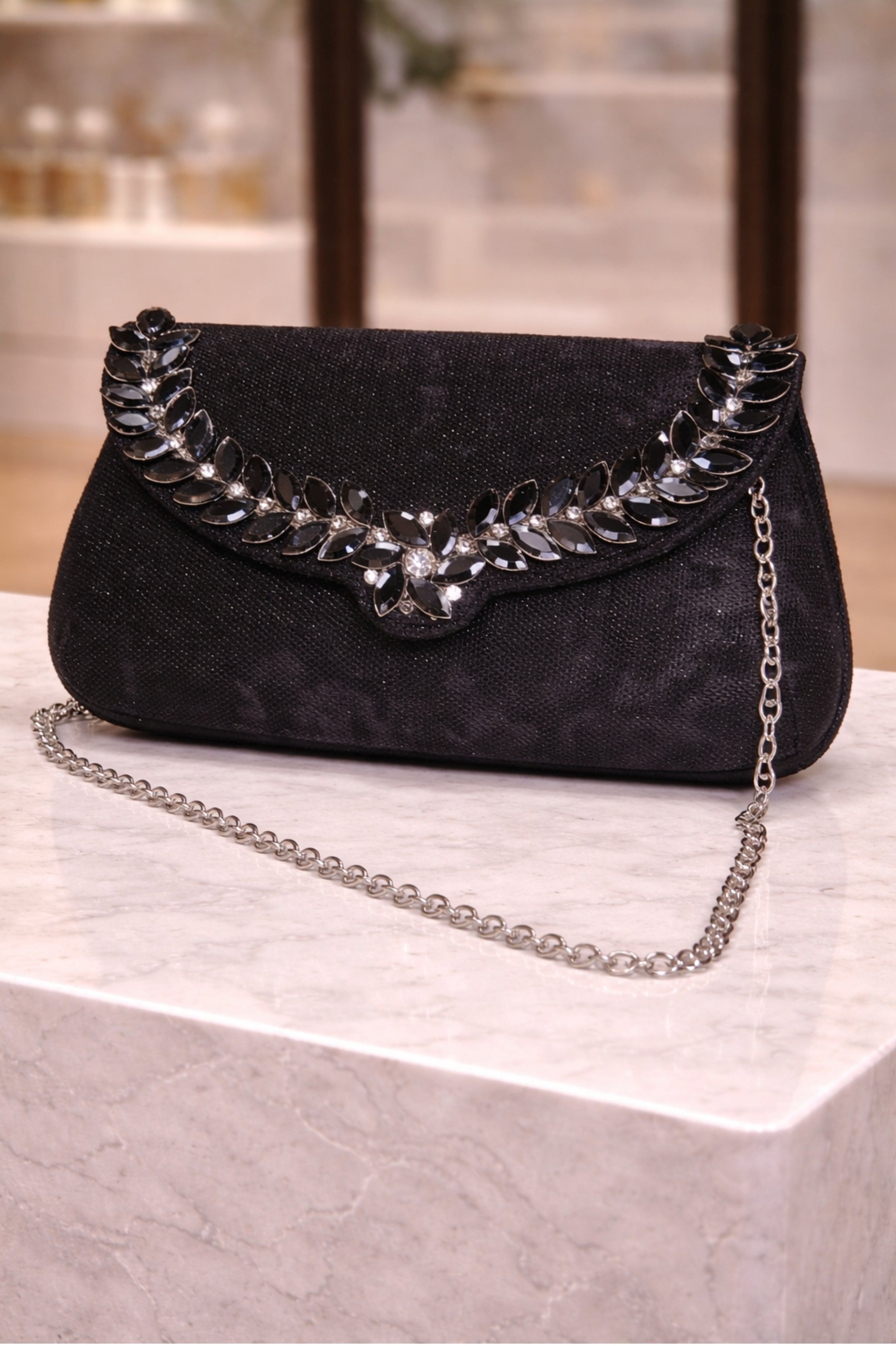 Women Black Shimmer Stone Detail Wedding Clutch