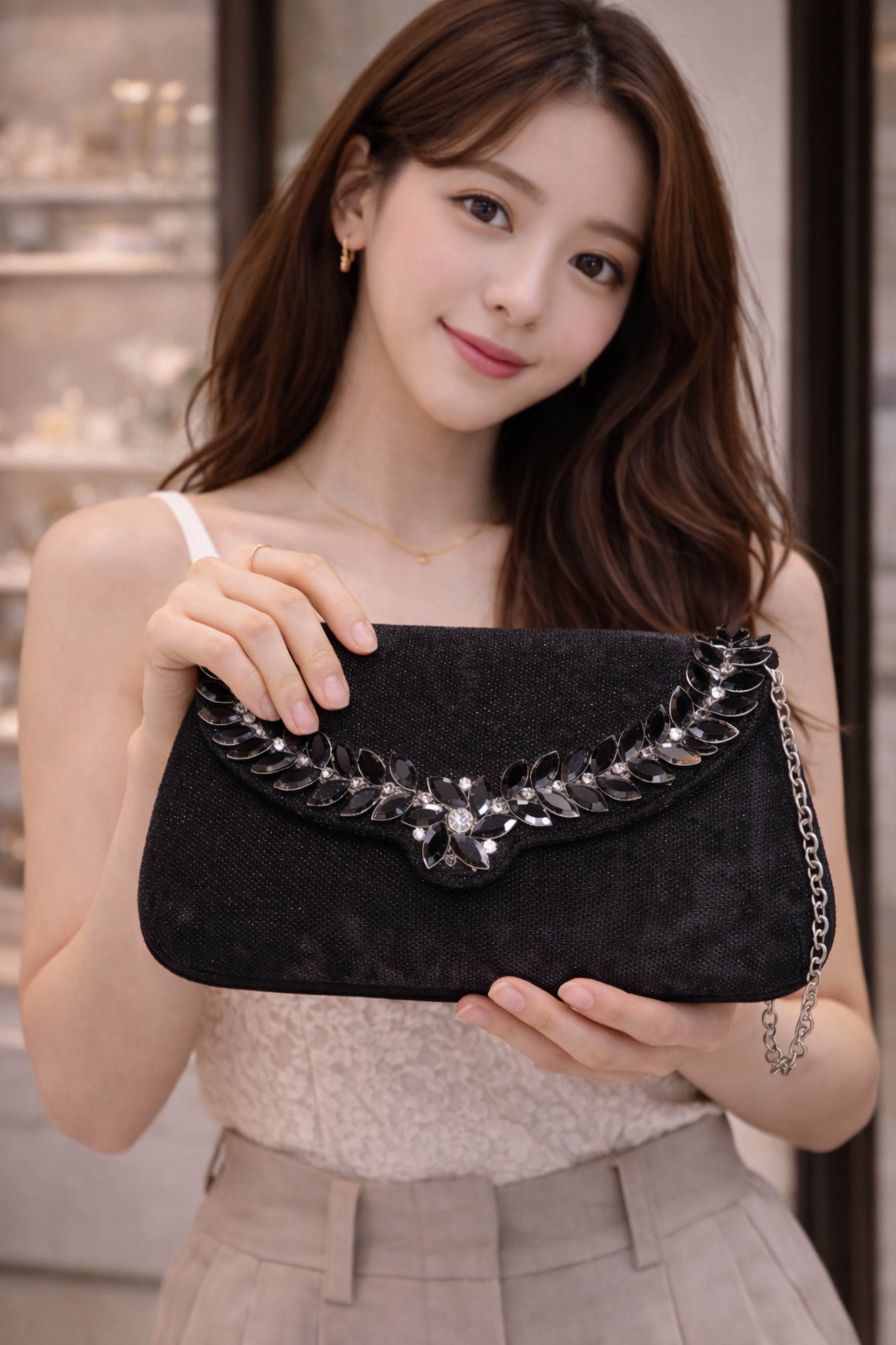 Women Black Shimmer Stone Detail Wedding Clutch