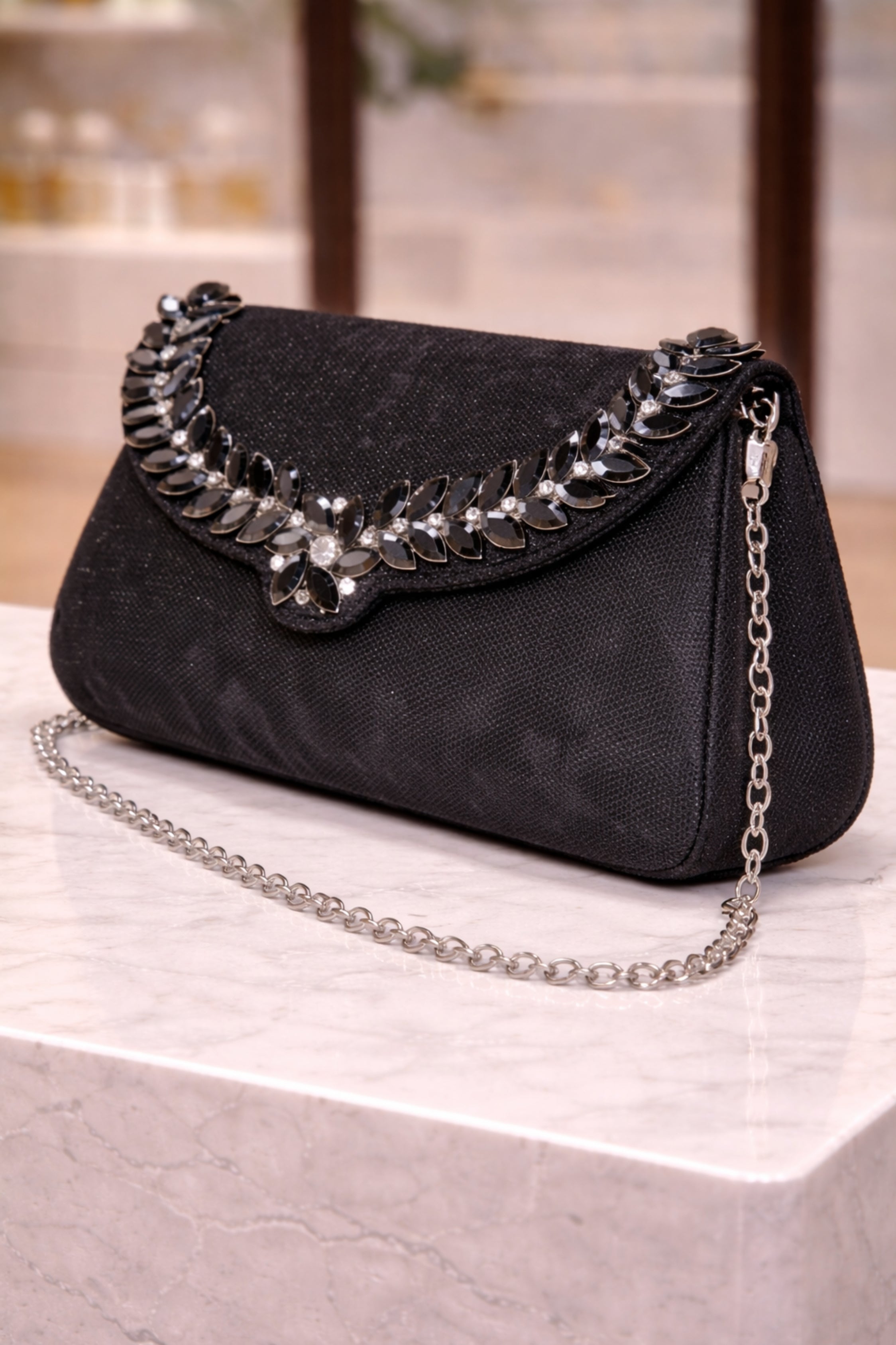 Women Black Shimmer Stone Detail Wedding Clutch