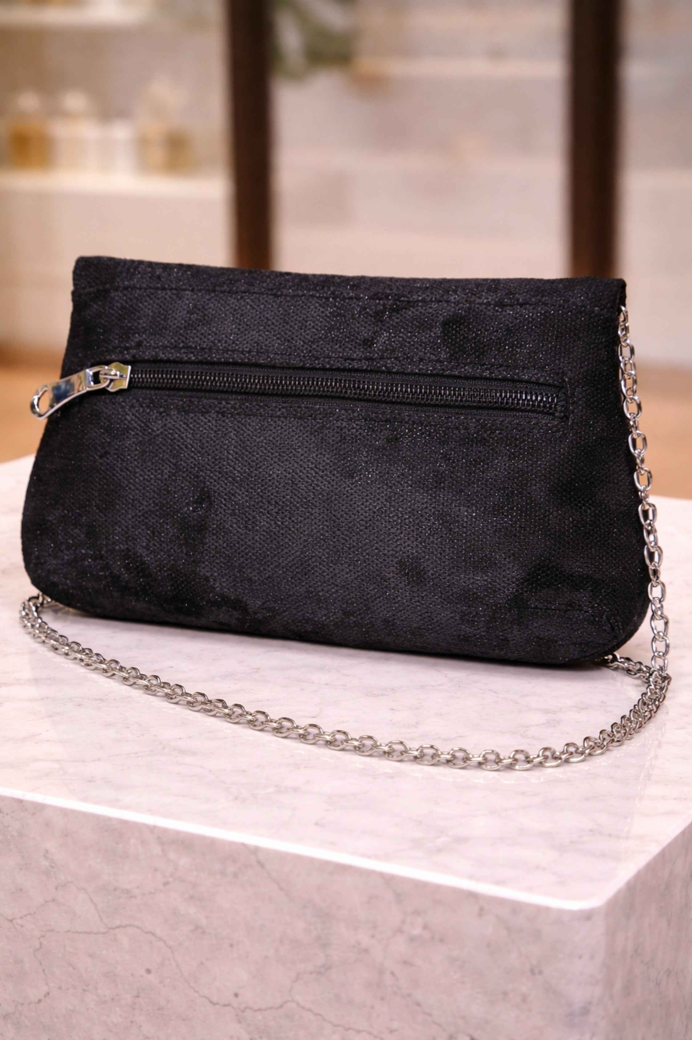 Women Black Shimmer Stone Detail Wedding Clutch