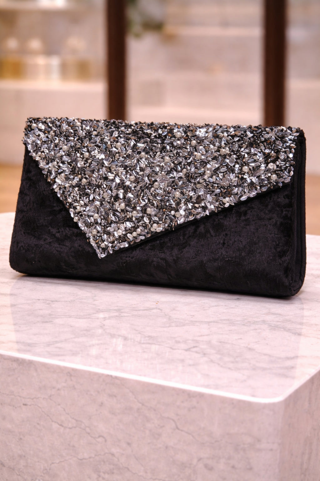 Black Velvet Embellished Evening Clutch with Silver & Pearl Beading