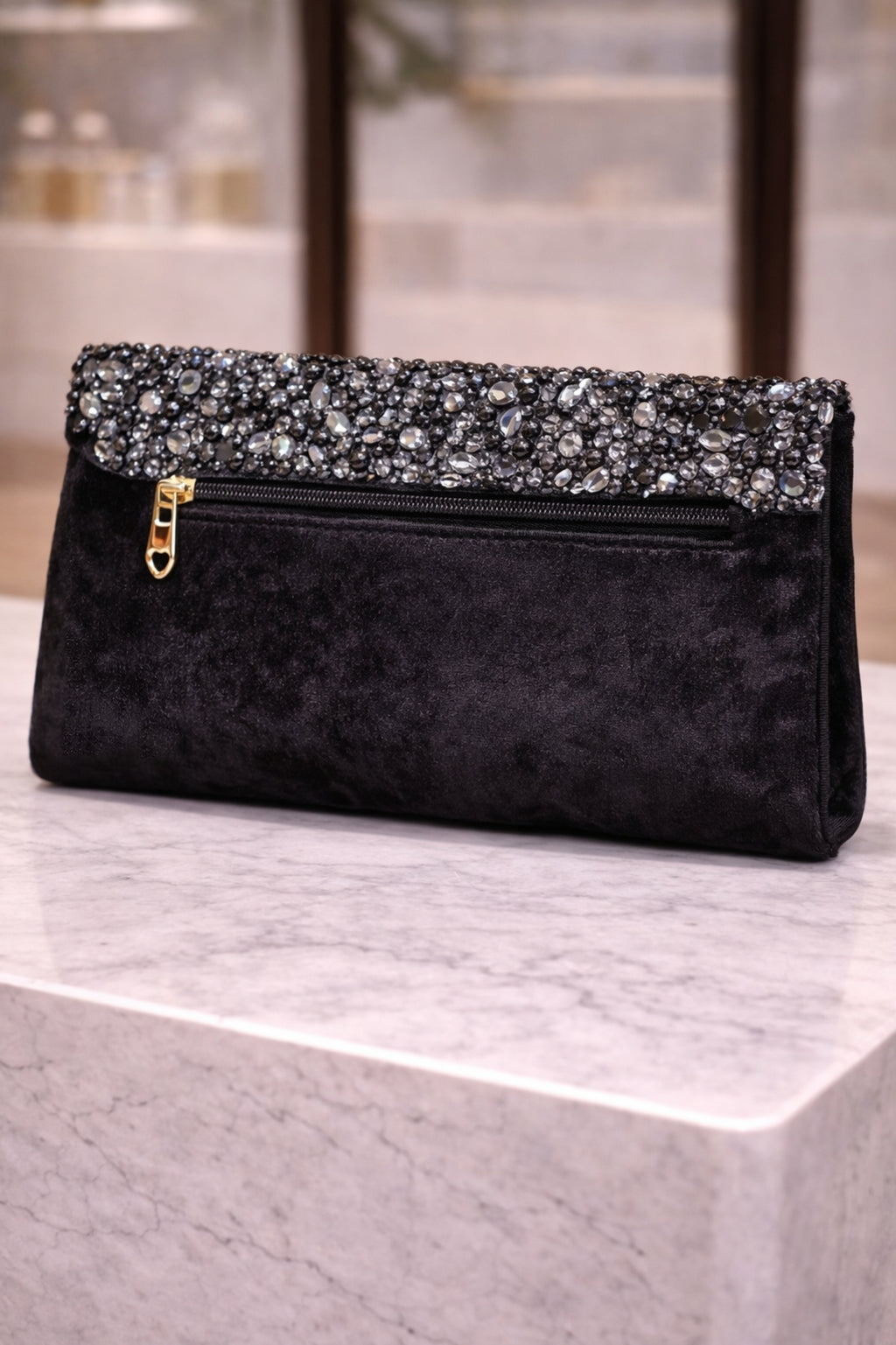 Black Velvet Embellished Evening Clutch with Silver & Pearl Beading