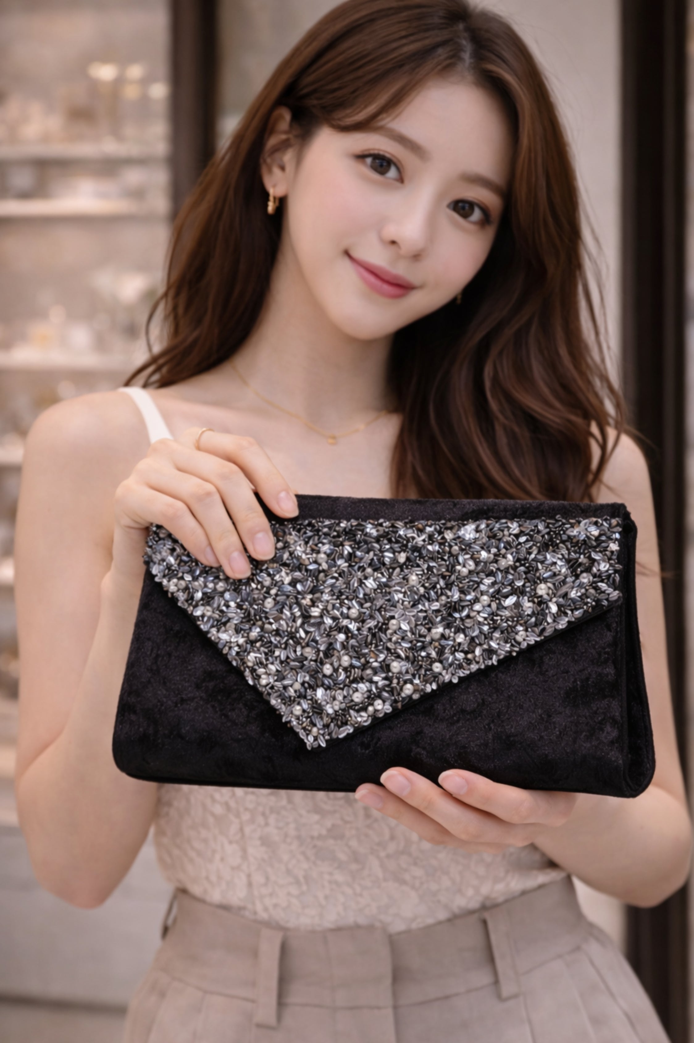 Black Velvet Embellished Evening Clutch with Silver & Pearl Beading