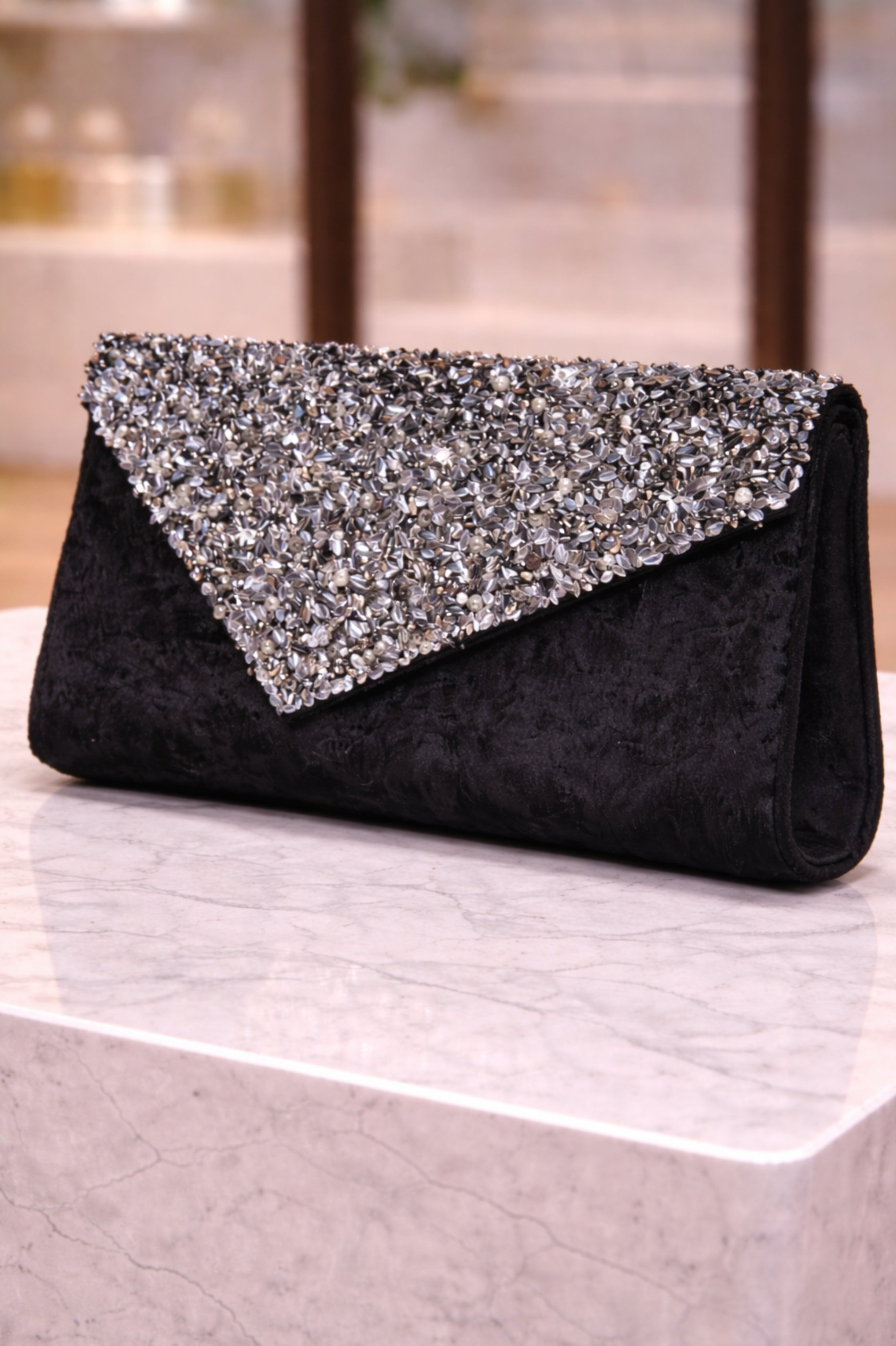 Black Velvet Embellished Evening Clutch with Silver & Pearl Beading