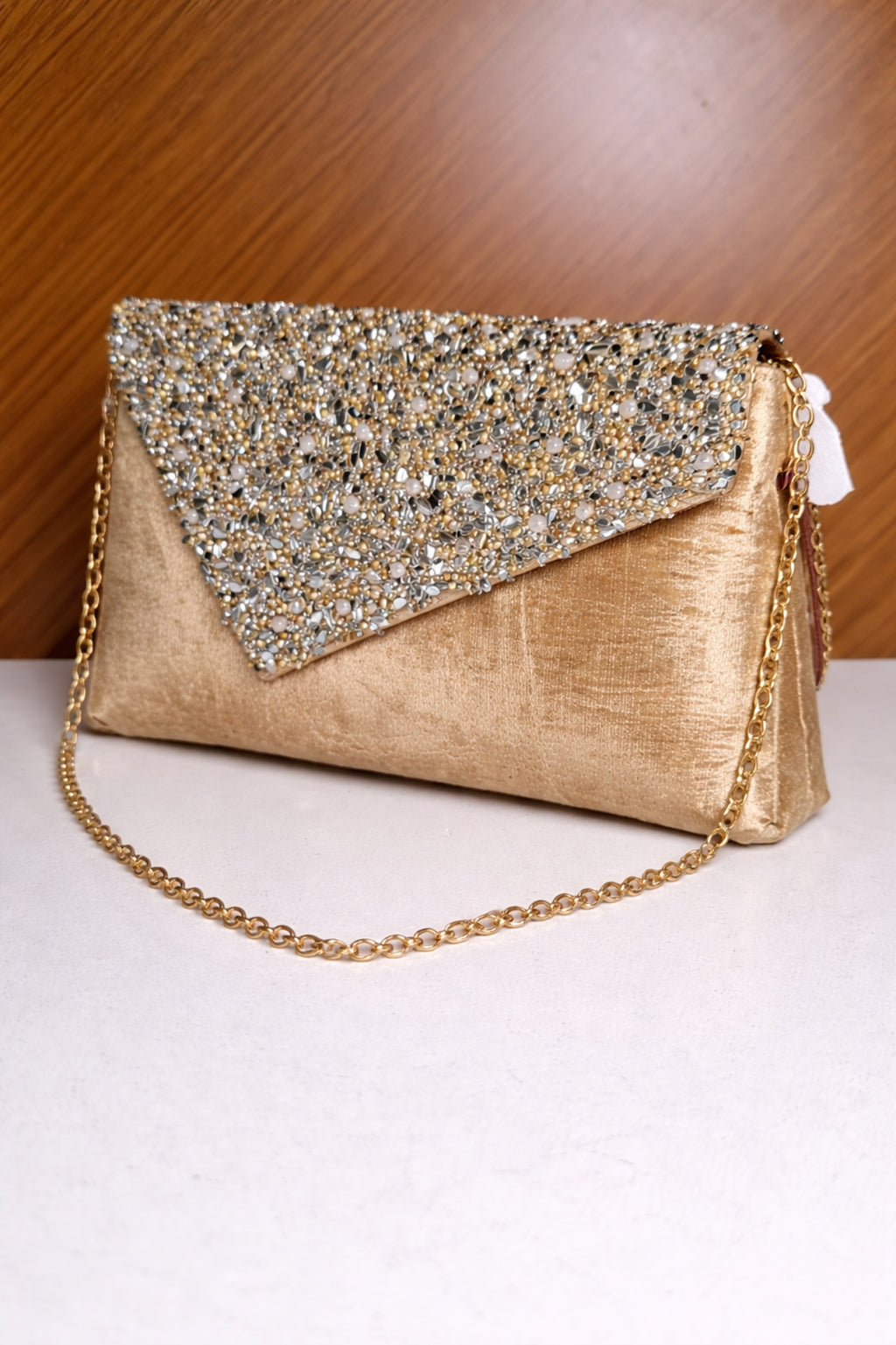 Luxury Champagne Velvet Party Clutch with Crystal & Pearl Beading