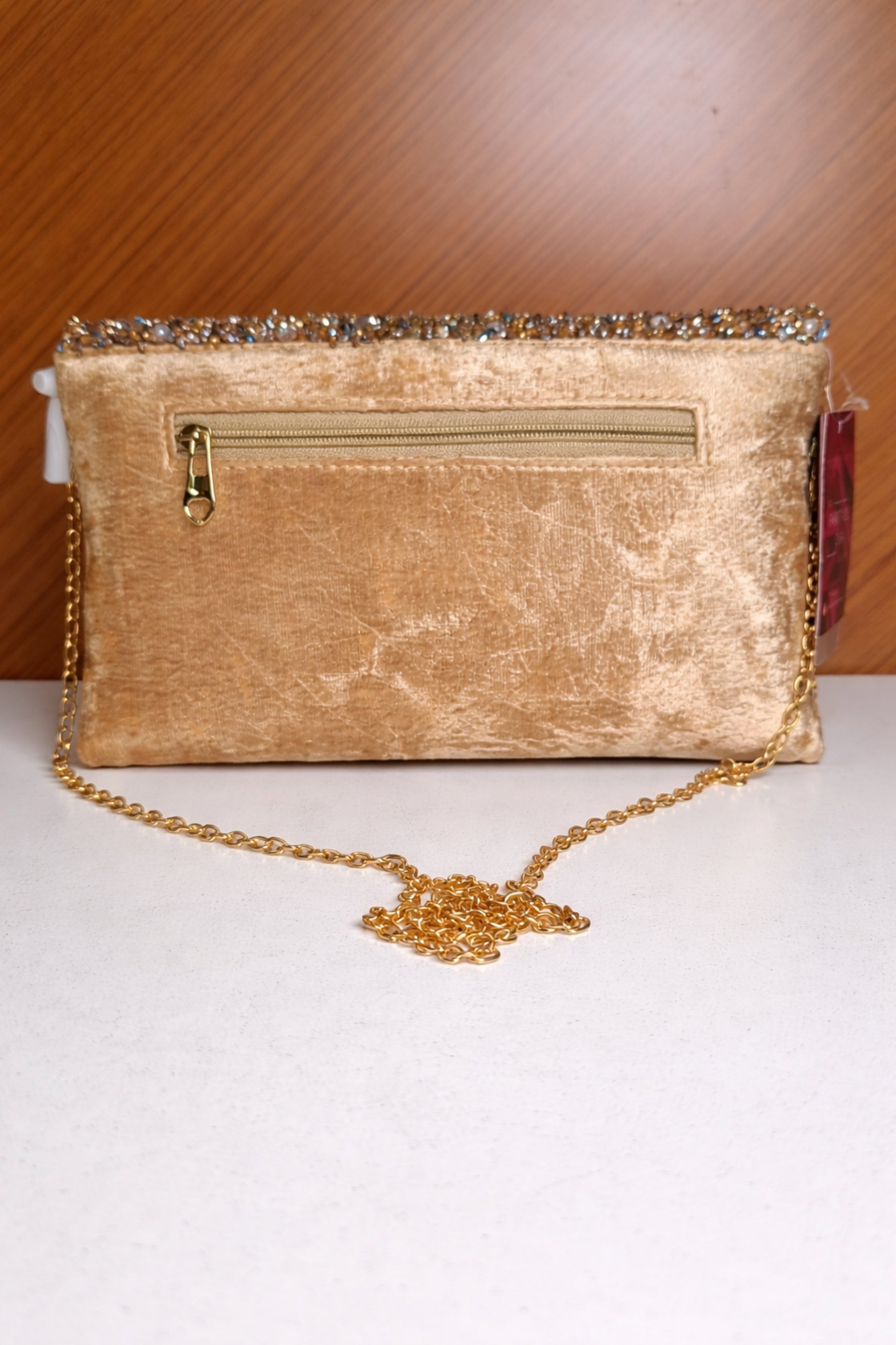 Luxury Champagne Velvet Party Clutch with Crystal & Pearl Beading