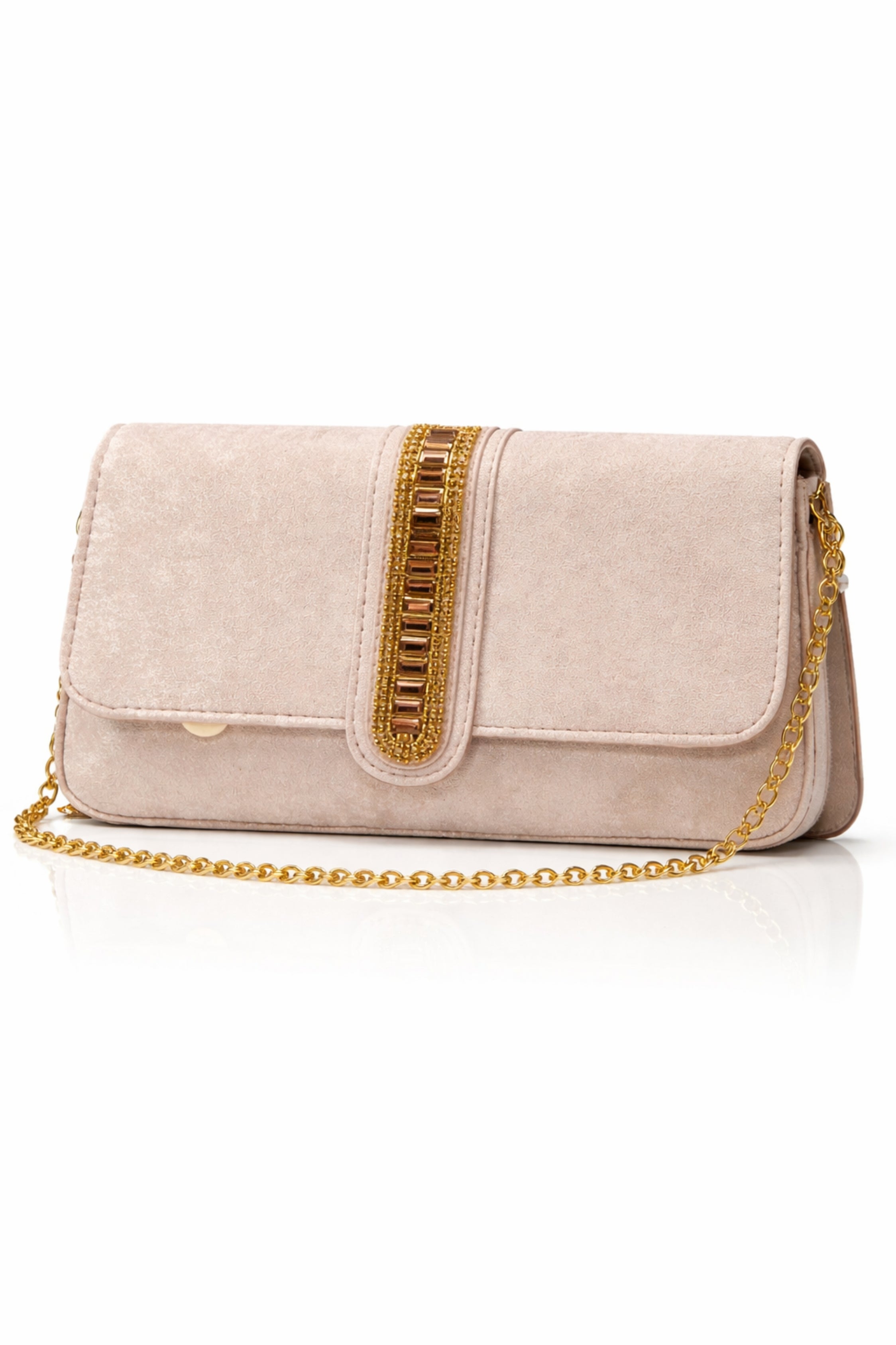 Luxury Nude Velvet Evening Clutch with Gold Embellished Detail