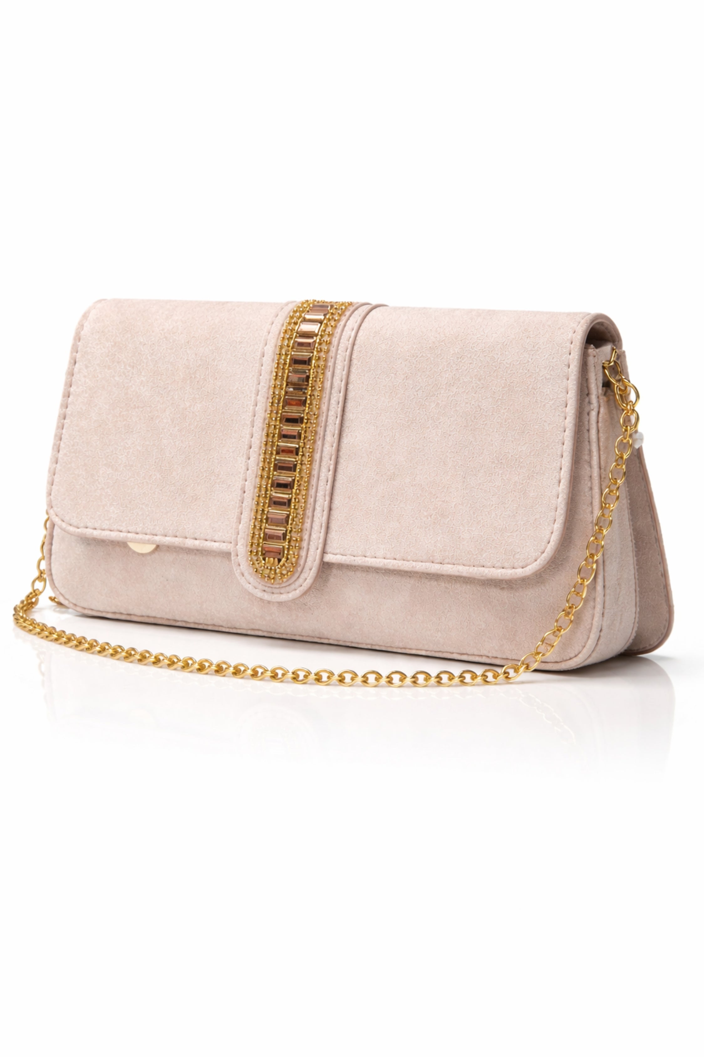 Luxury Nude Velvet Evening Clutch with Gold Embellished Detail