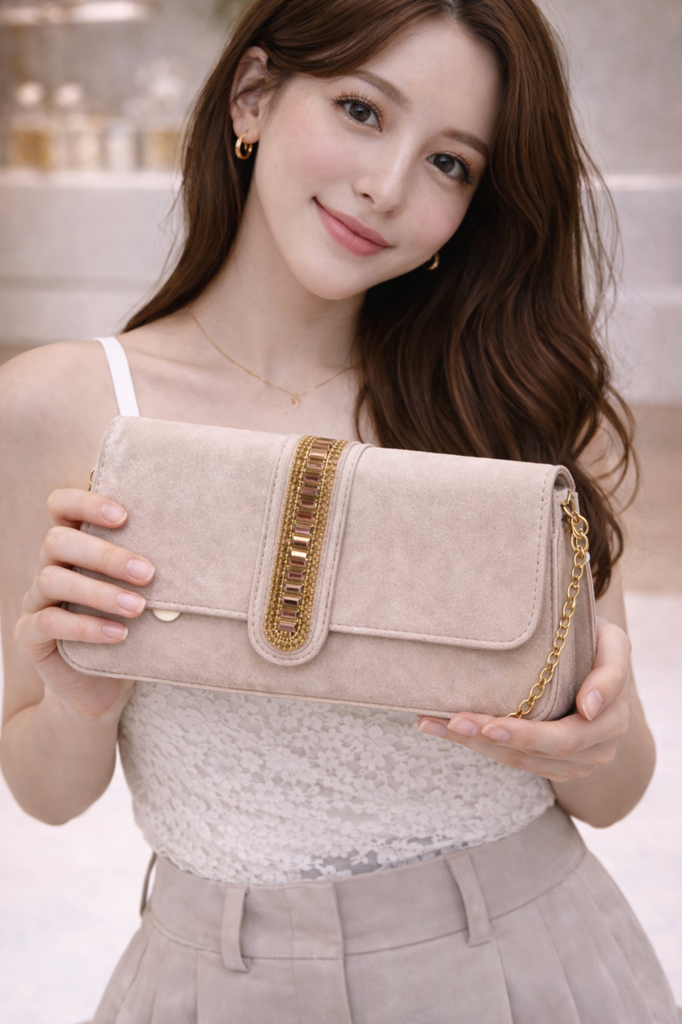 Luxury Nude Velvet Evening Clutch with Gold Embellished Detail