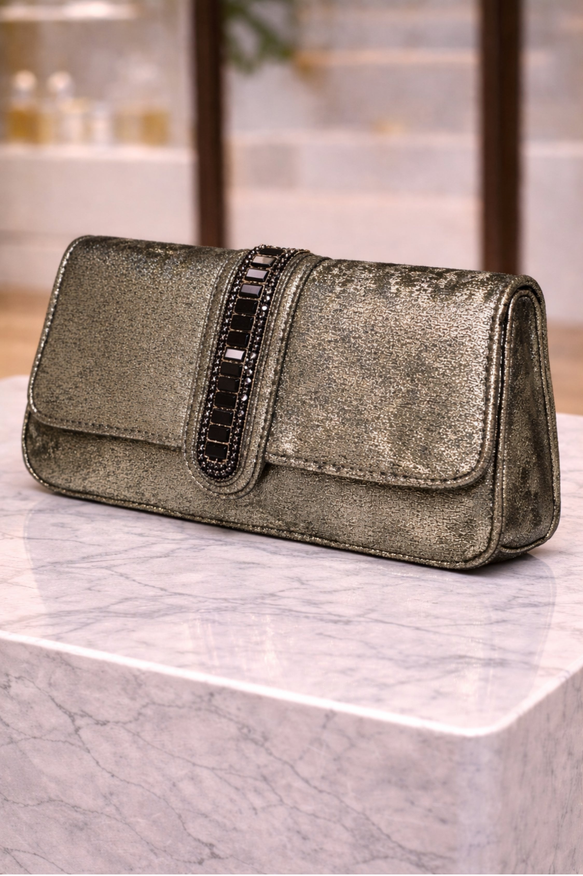 Olive Green Metallic Clutch with Black Stone Embellishment