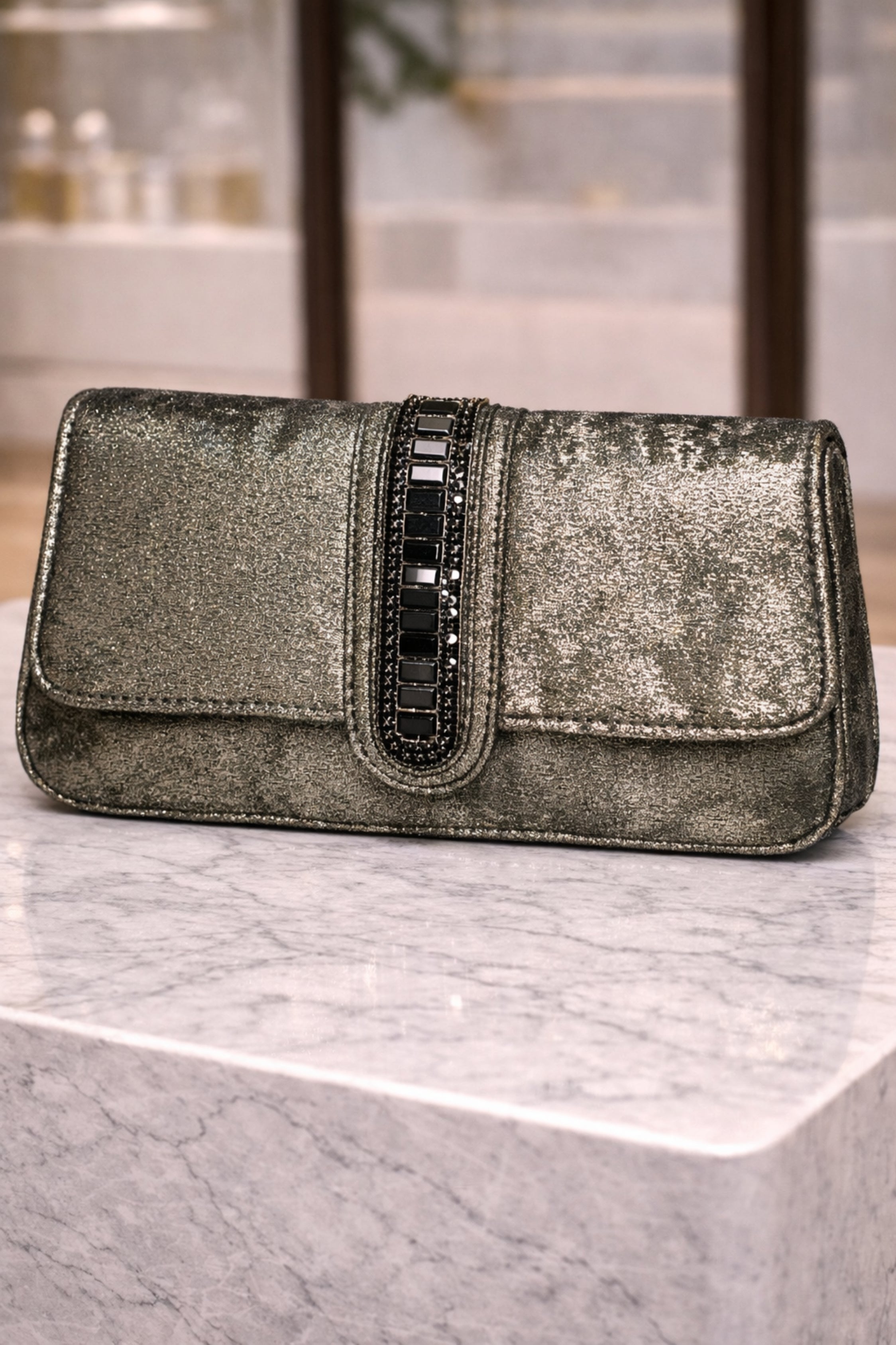 Olive Green Metallic Clutch with Black Stone Embellishment