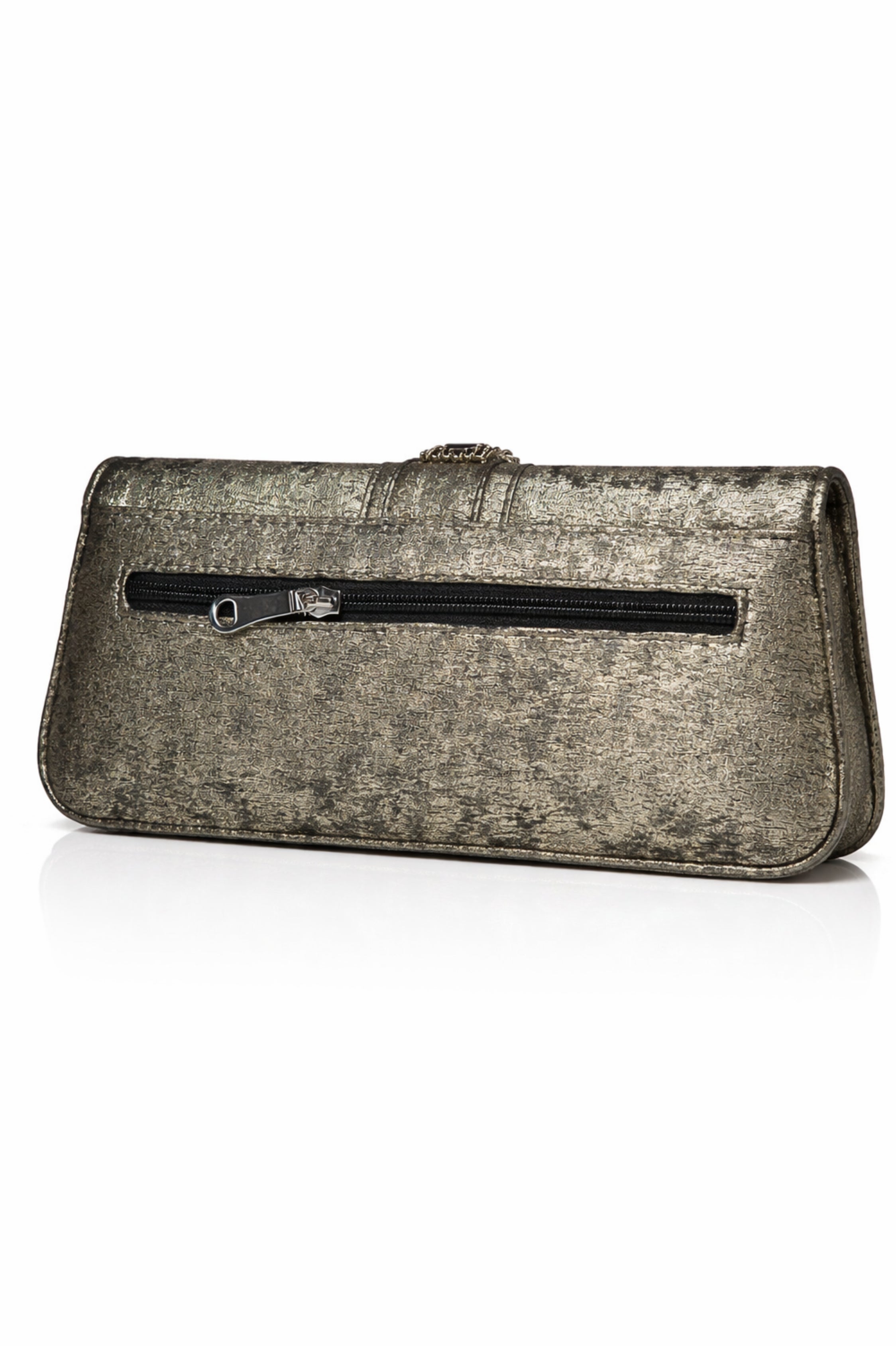 Olive Green Metallic Clutch with Black Stone Embellishment