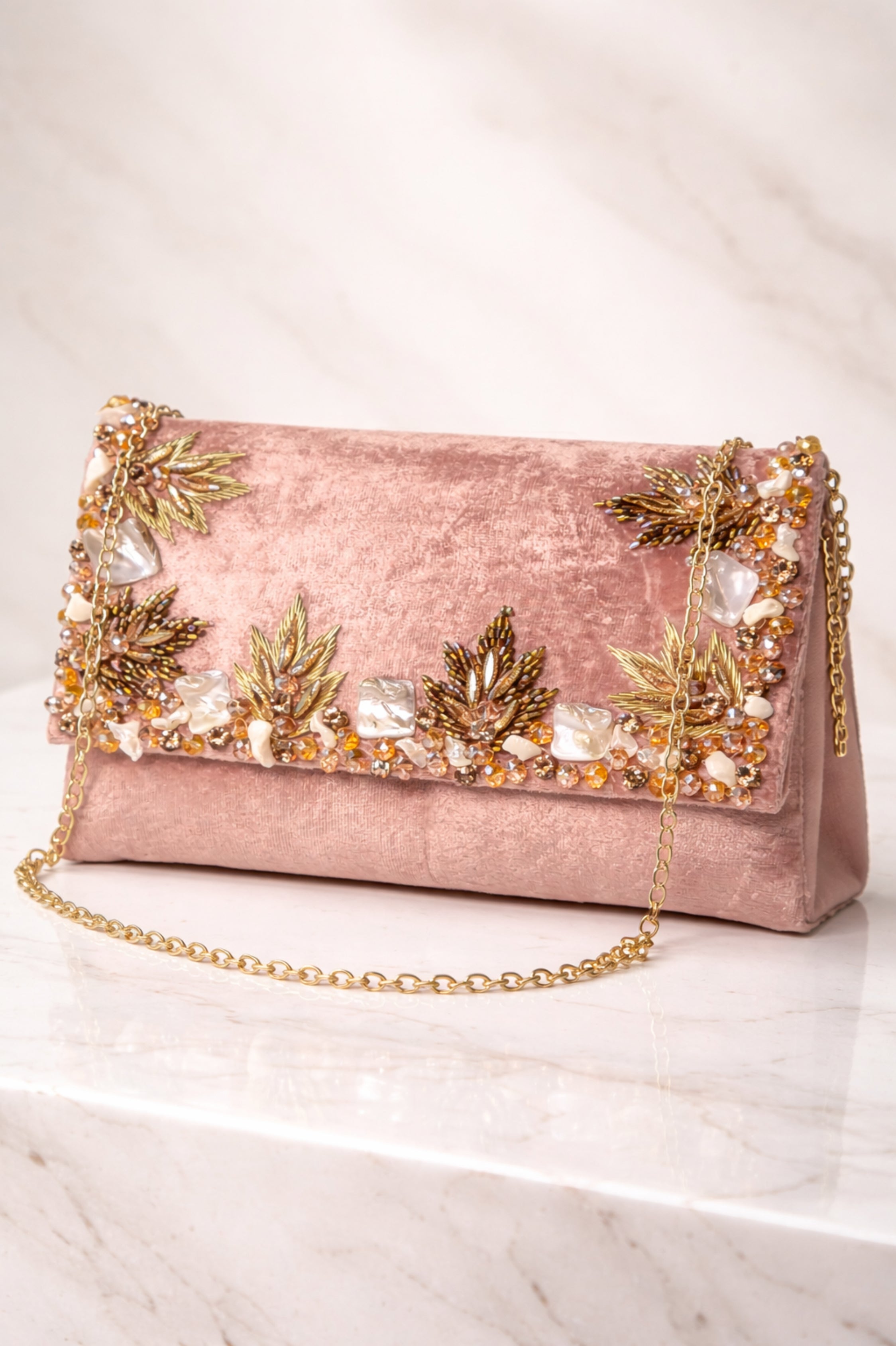 Blush Velvet Embellished Clutch with Gold Chain Strap