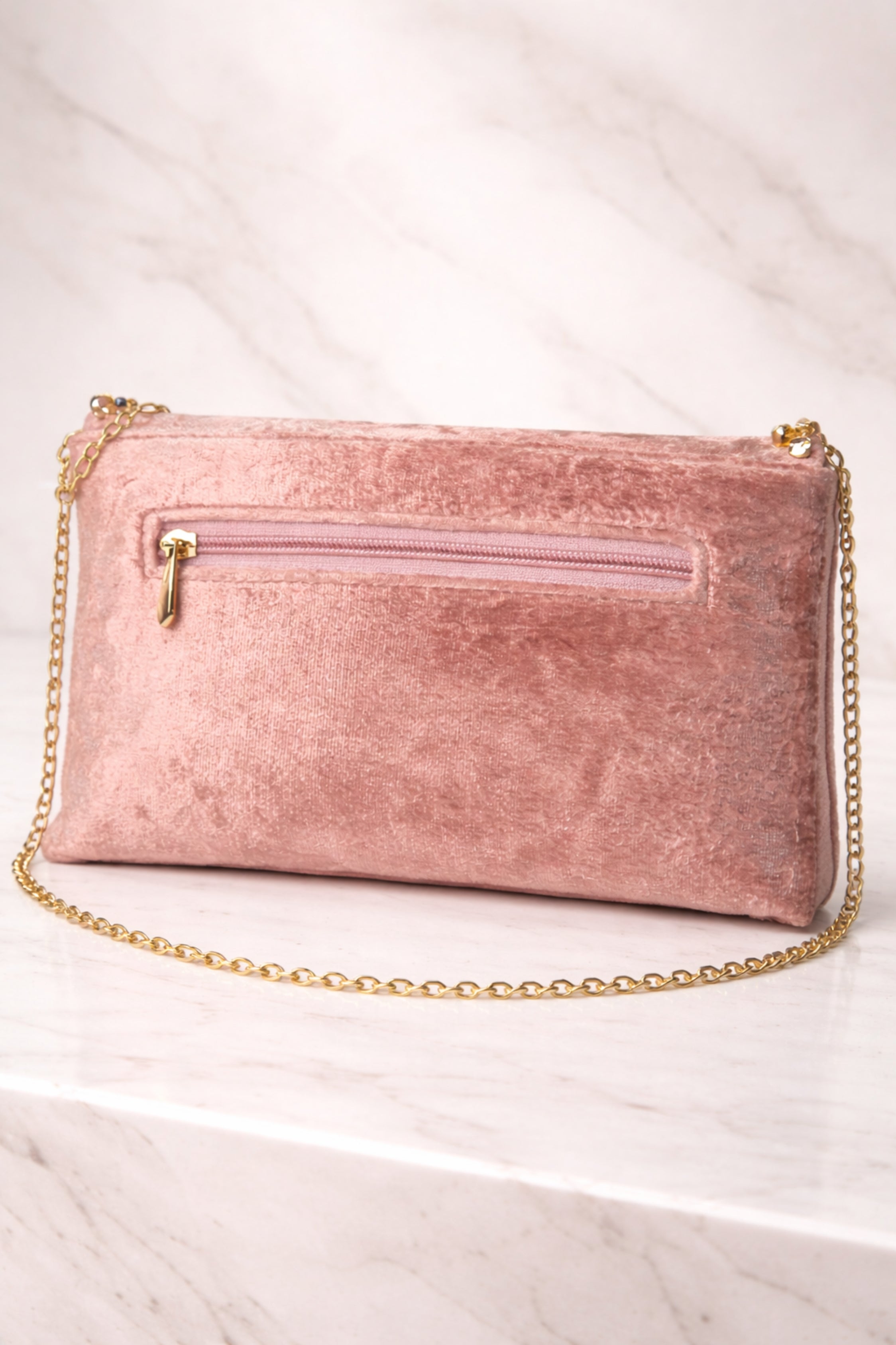 Blush Velvet Embellished Clutch with Gold Chain Strap