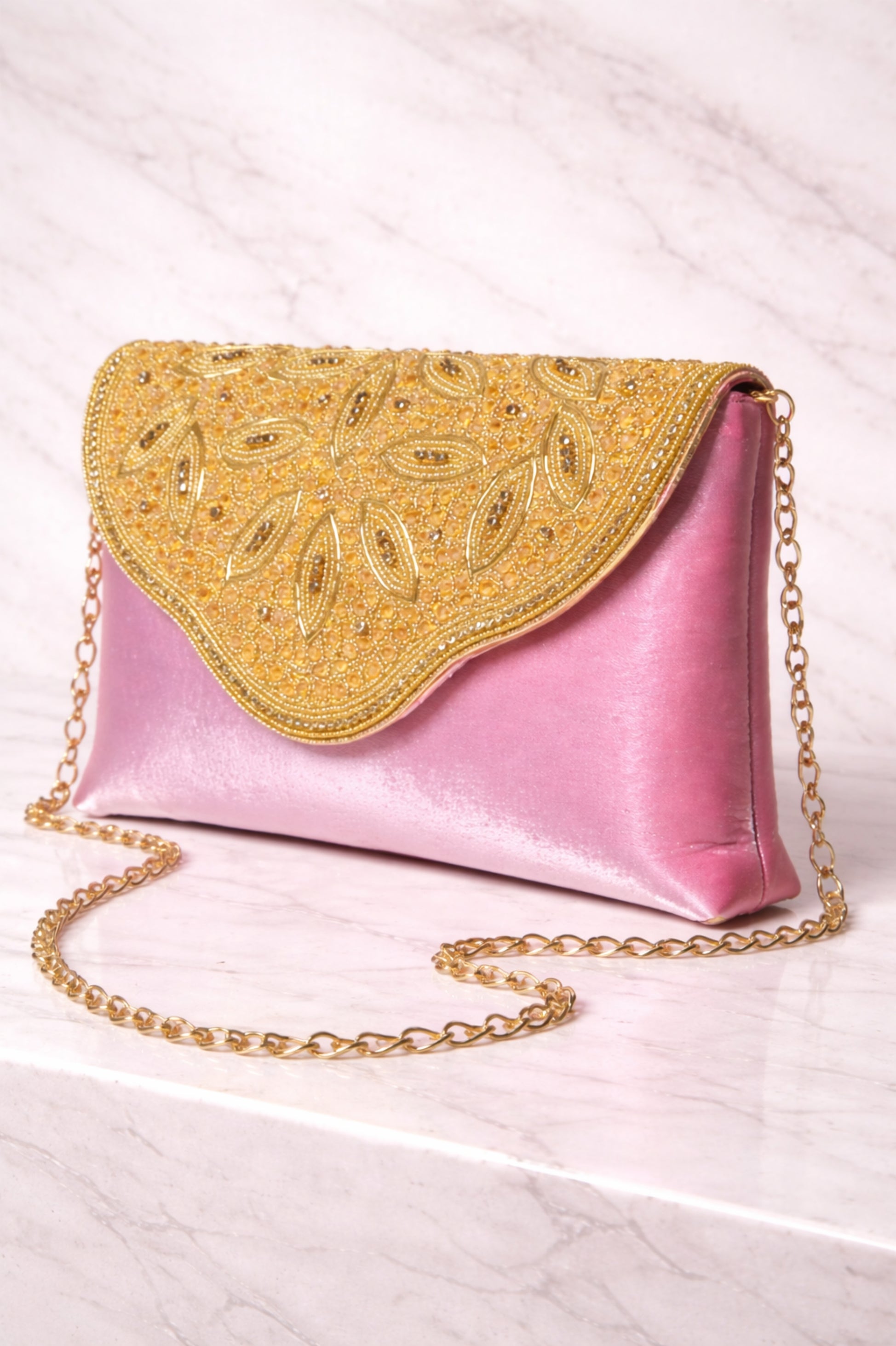 Blush Pink & Gold Embroidered Evening Clutch