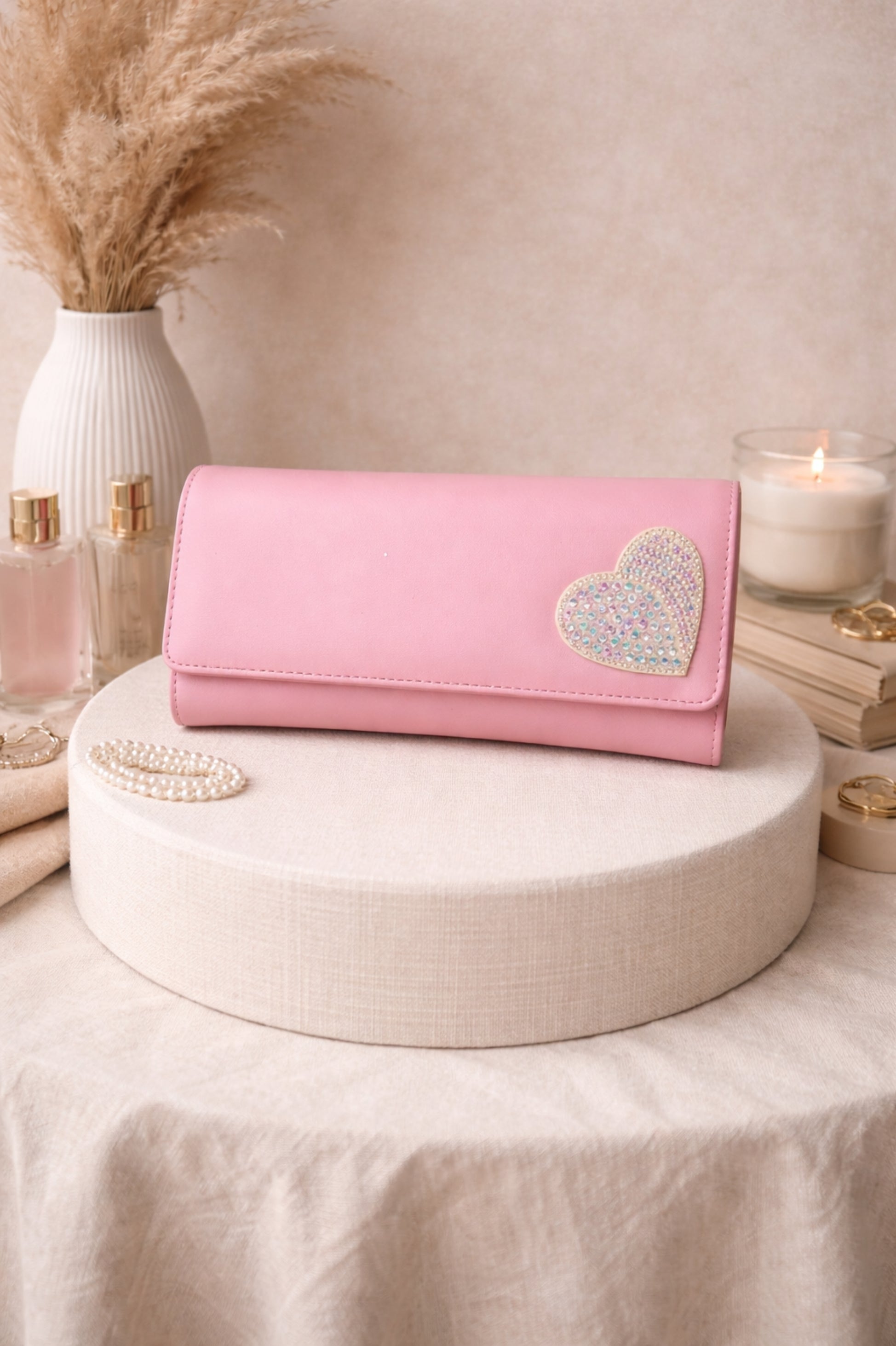Blush Pink Heart Embellished Clutch