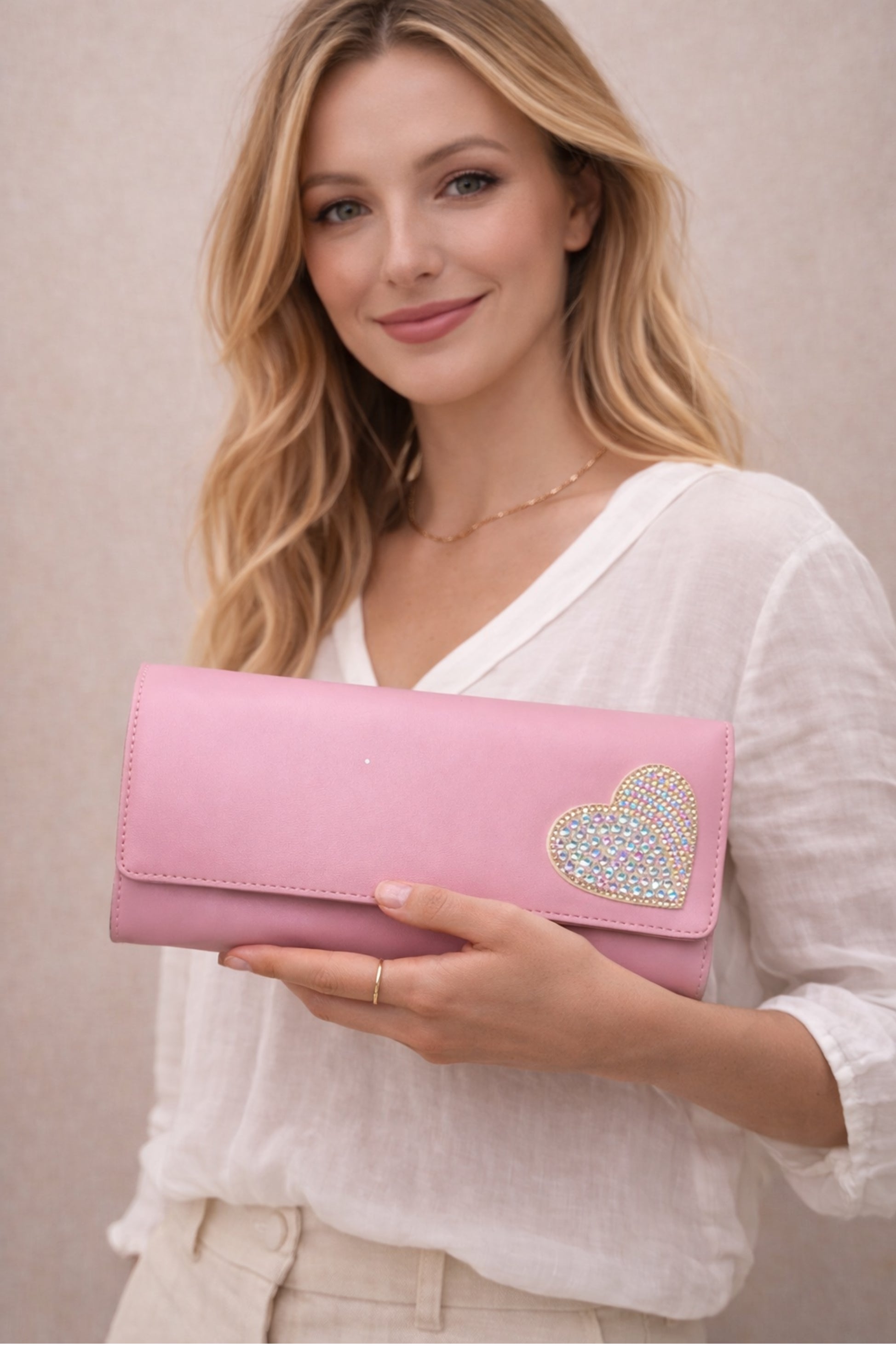 Blush Pink Heart Embellished Clutch