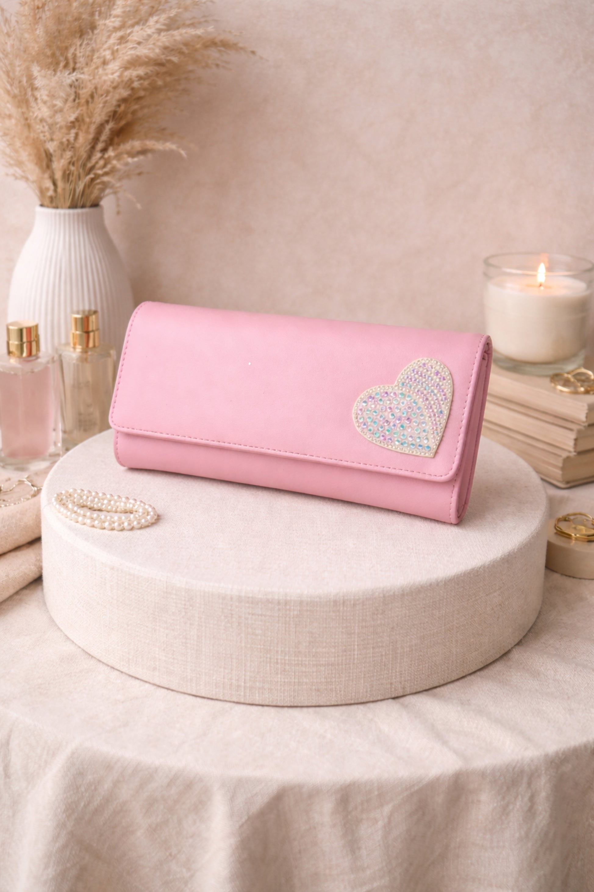 Blush Pink Heart Embellished Clutch