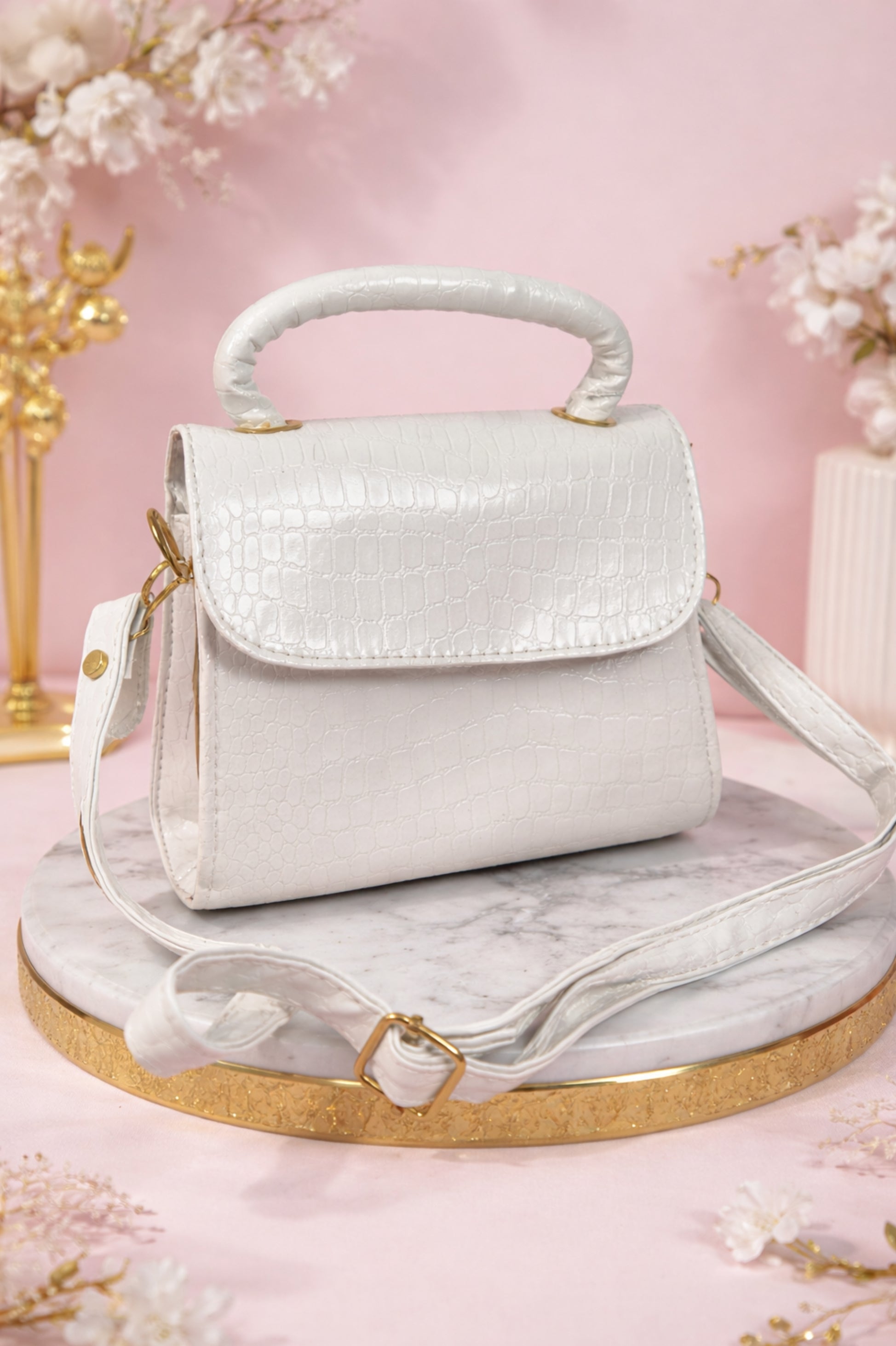 Luxury Croc Embossed White Top Handle Purse