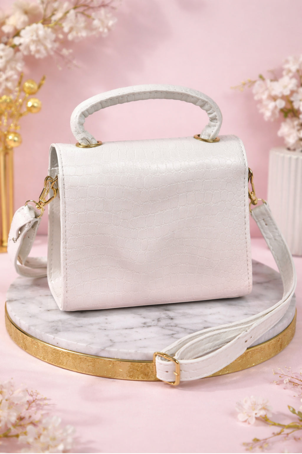 Luxury Croc Embossed White Top Handle Purse