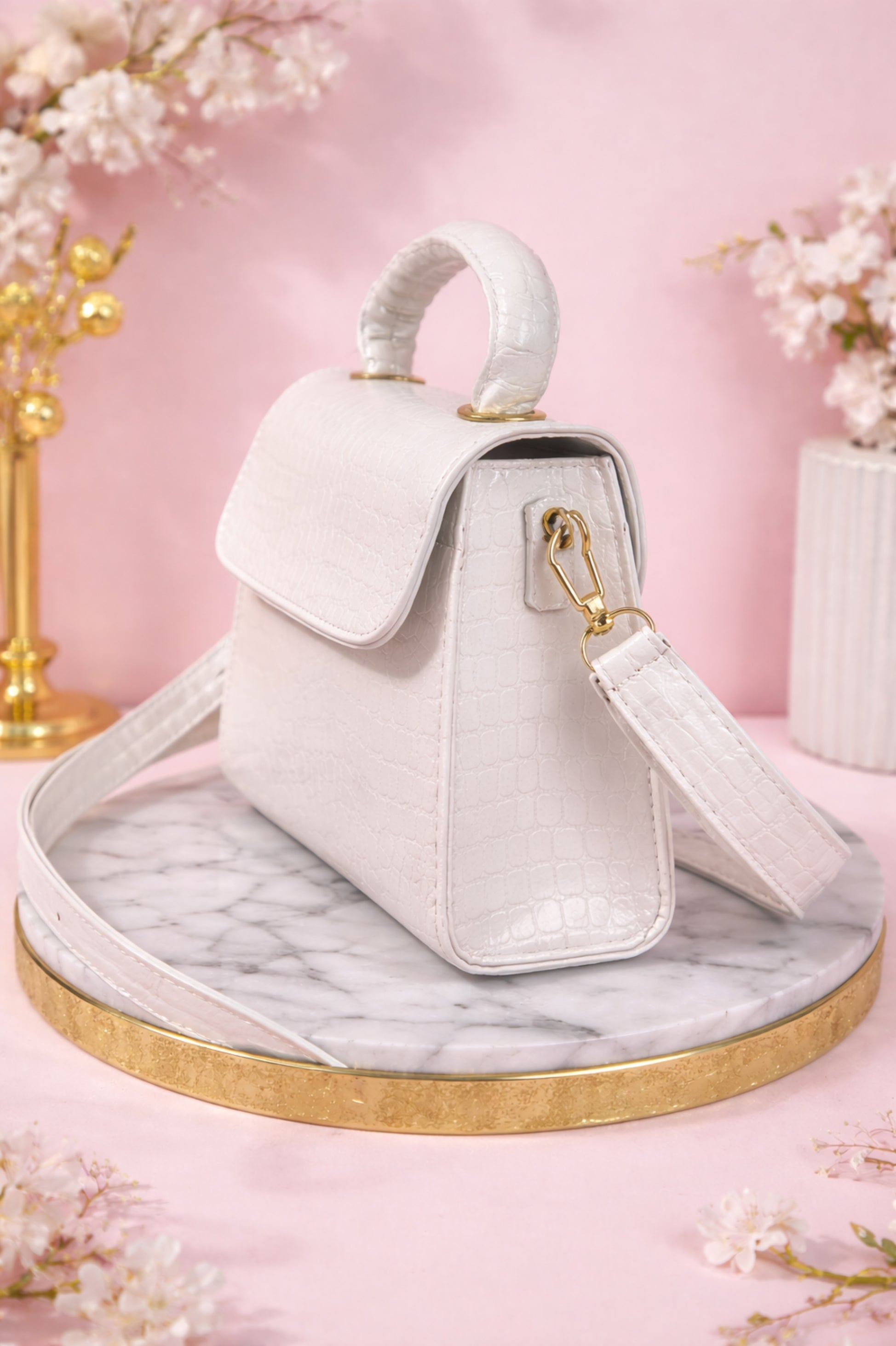 Luxury Croc Embossed White Top Handle Purse