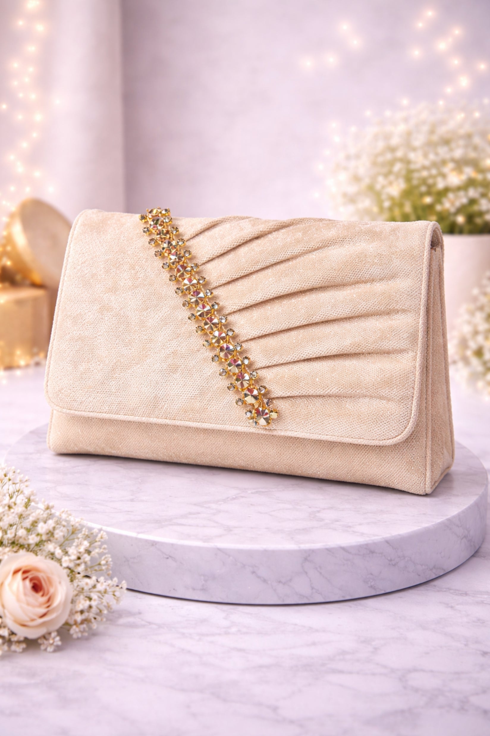 Women Champagne Gold Embellished Pleated Party Clutch