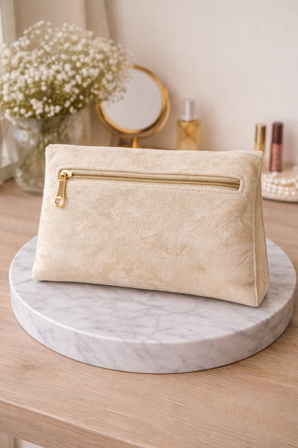 Women Champagne Gold Embellished Pleated Party Clutch