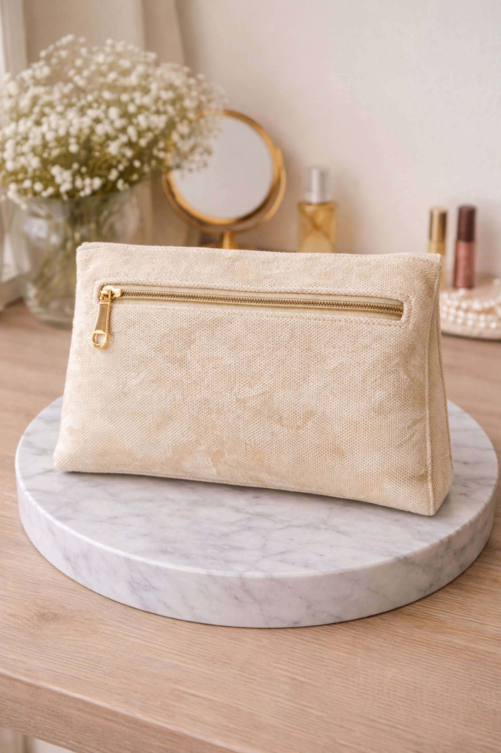 Women Champagne Gold Embellished Pleated Party Clutch