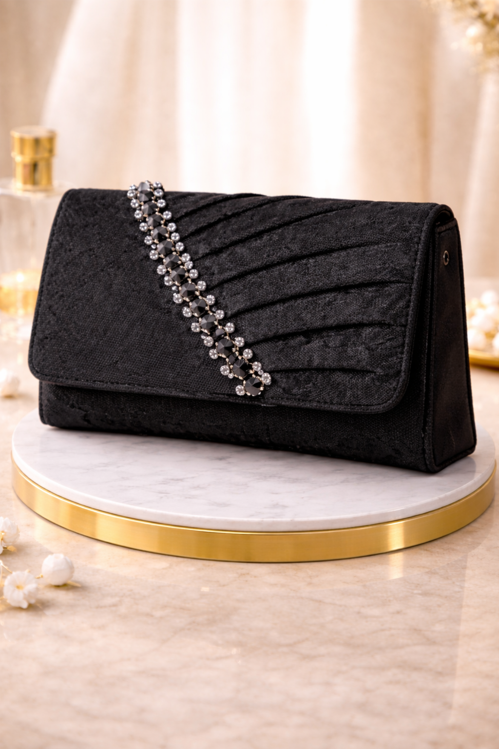 Women Black Embellished Pleated Party Clutch